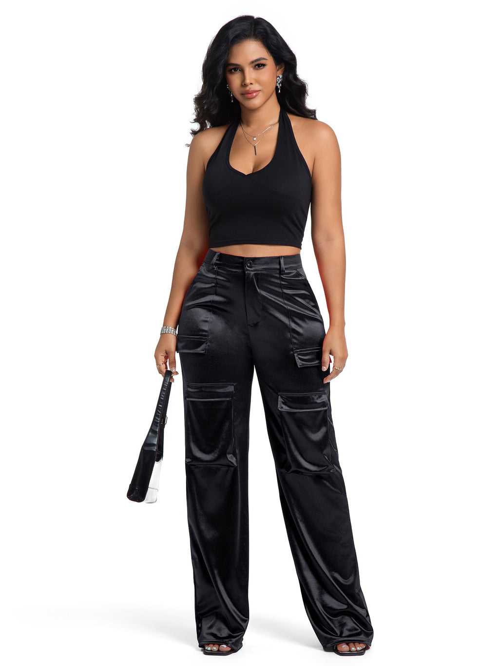 Aressdom Metallic Satin Cargo Pants for Women High Waisted Wide Leg Pants with Pockets, Dressy Going Out Concert Outfits