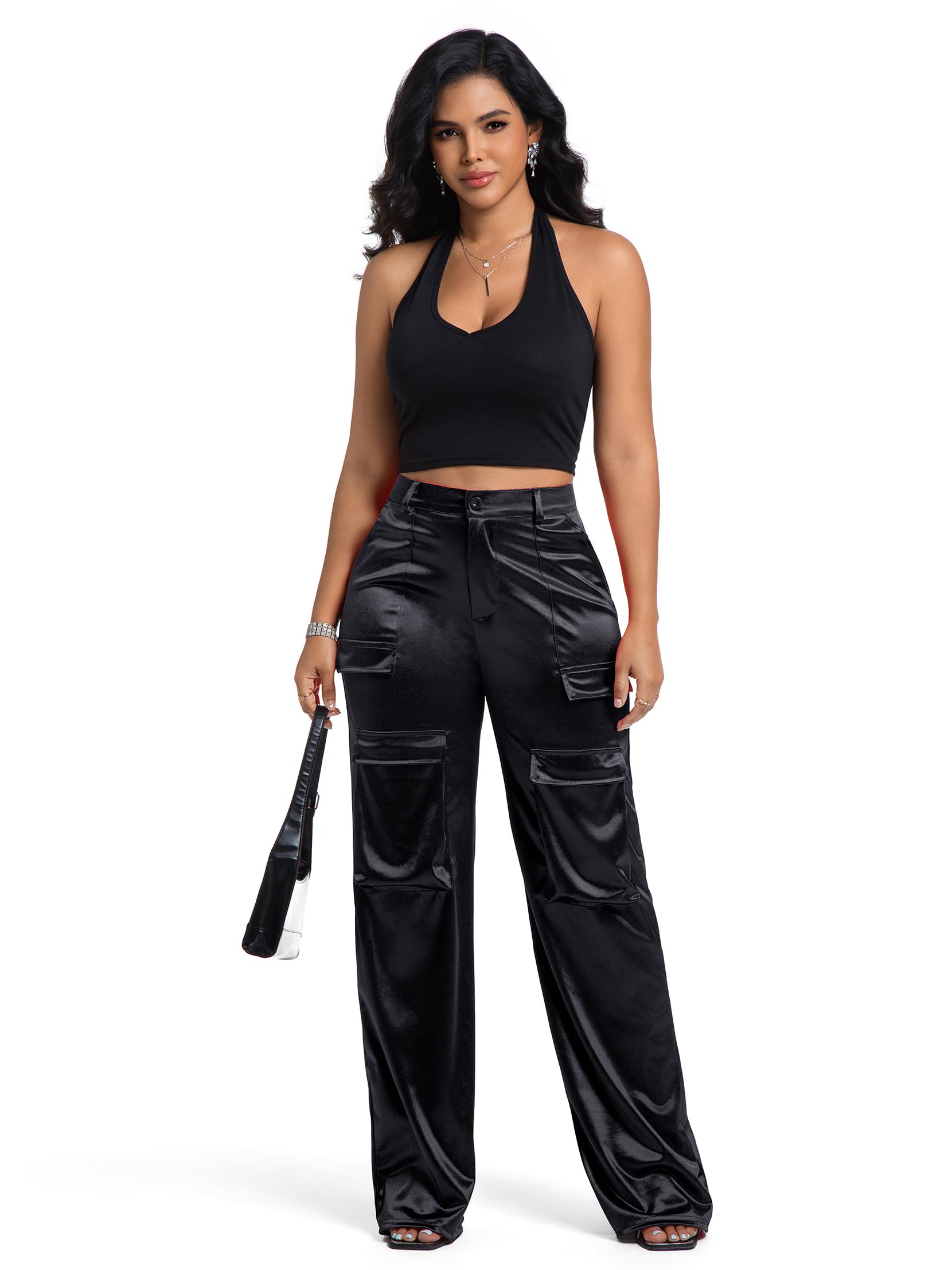 Aressdom Metallic Satin Cargo Pants for Women High Waisted Wide Leg Pants with Pockets, Dressy Going Out Concert Outfits