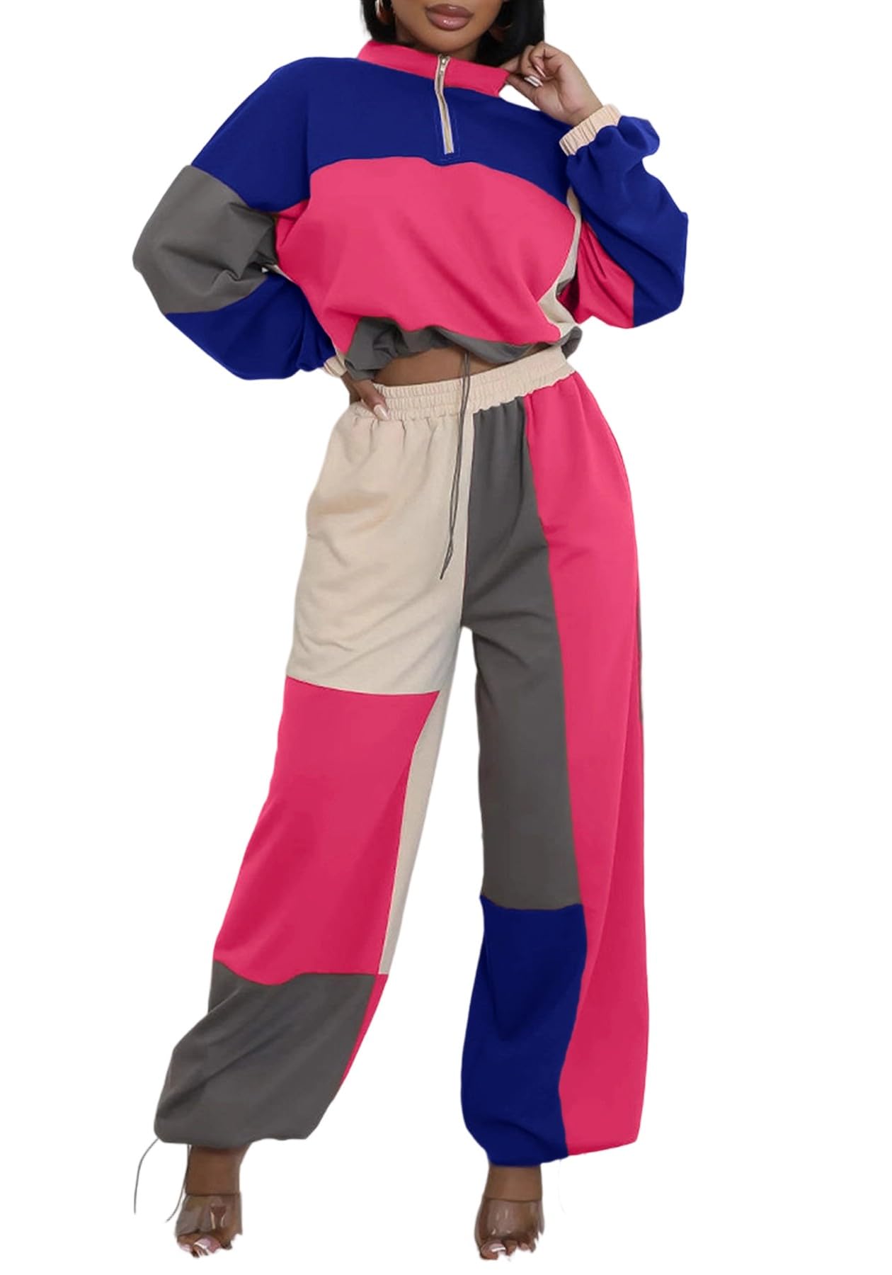 Tbahhir Women's 2 Piece Tracksuit Color Block Outfits Drastring Long Sleeve Crop Top and SweatPants Set Jogger Casual