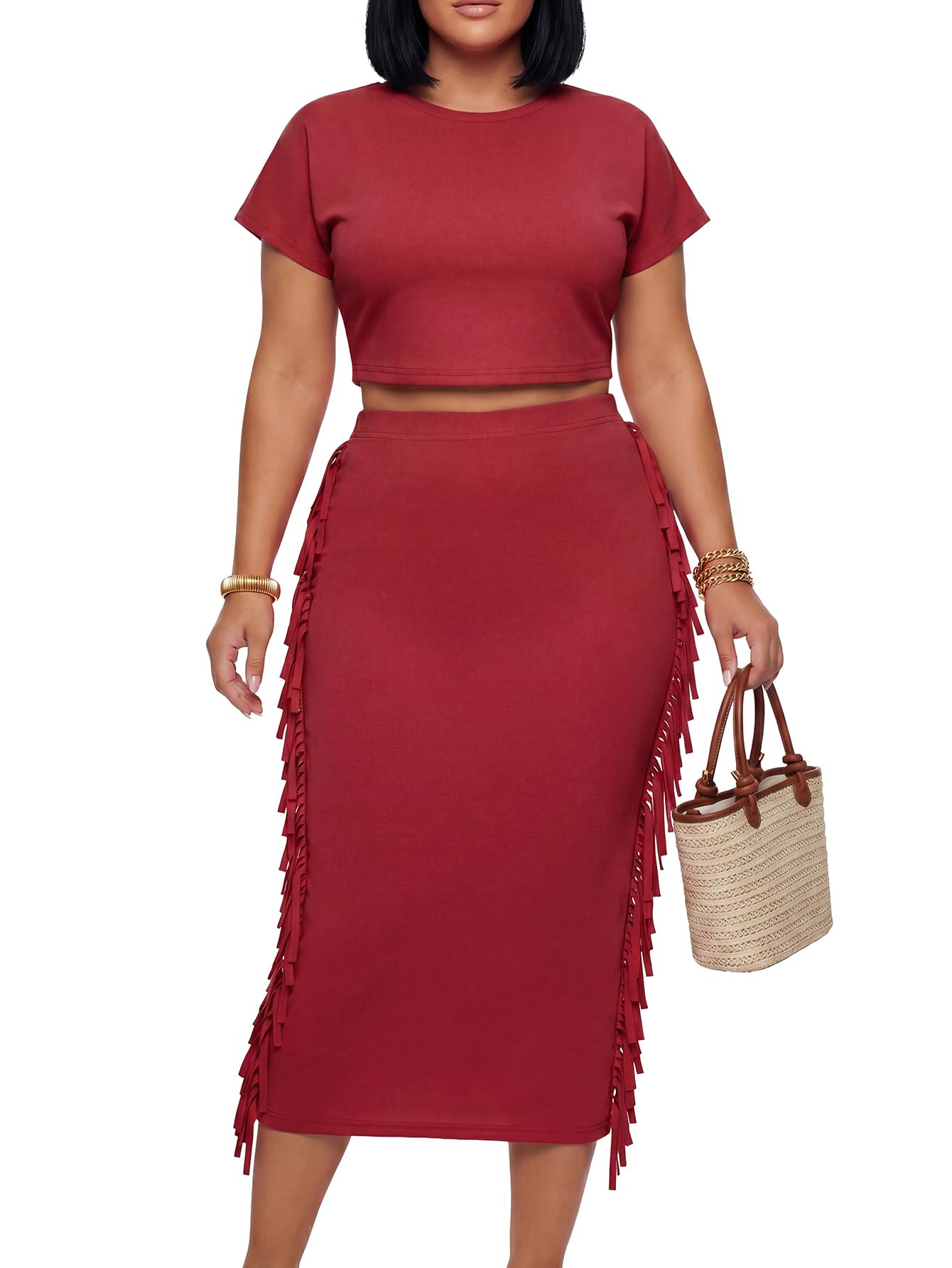 LYANER Women's 2 Piece Outfits Crew Neck Fringe Short Sleeve Crop Top and Tassel Trim Bodycon Midi Skirt Set