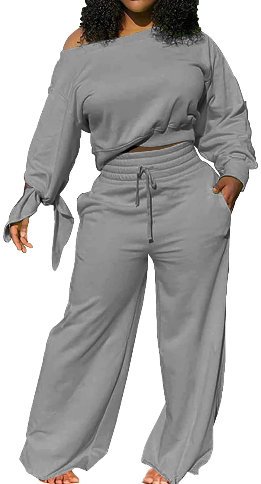 sexycherry Casual 2 Piece Outfits for Women Long Sleeve Sweatsuit Jogging Straight Long Pants Sets with Pockets