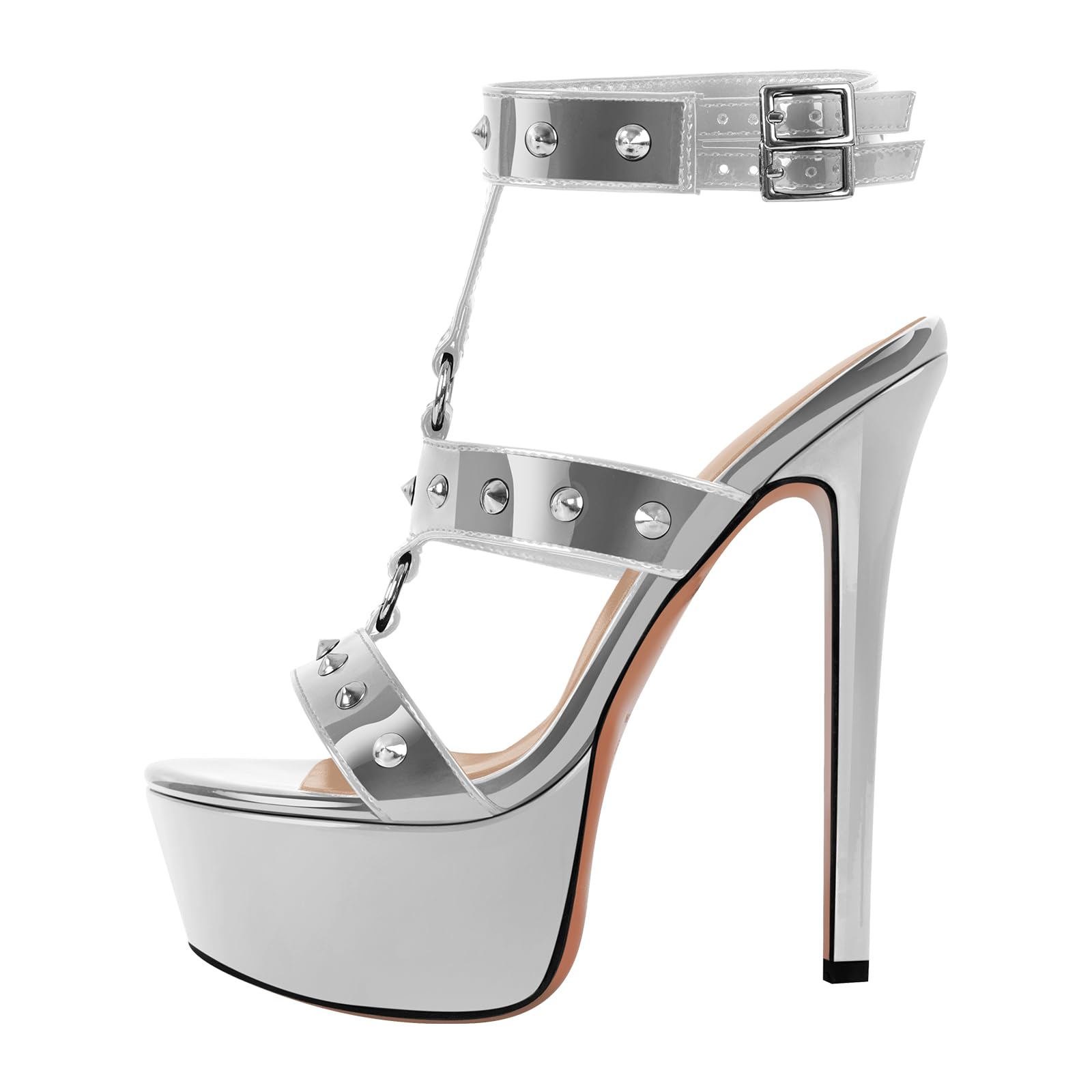 Only maker Open Toe Stiletto Heeled Platform Sandals for Women T-strappy Buckle up Rivet Studded Open-back Summer Sandals