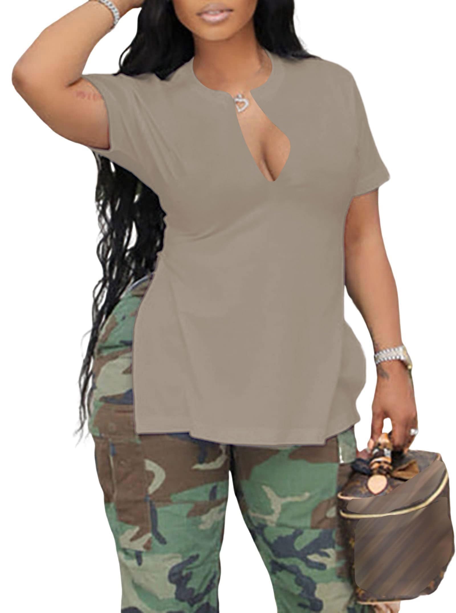 LovelyWholesale Womens Graphic Tees Sexy V Neck T Shirts Short Sleeve Side Slit Summer Tops