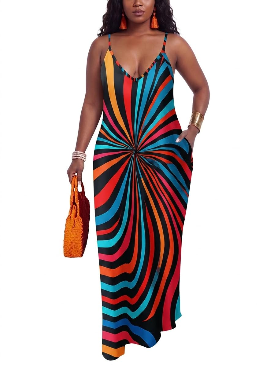 PerZeal Women's Summer Casual Maxi Dresses Sexy Floor Length V-Neck Spaghetti Strap Sleeveless Colorful Sundresses Plus Size