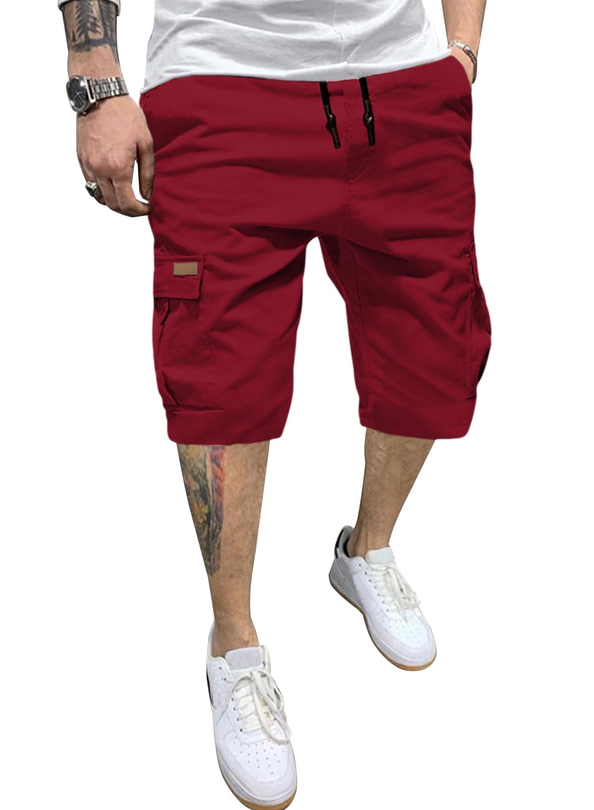 JMIERR Mens Casual Cotton Twill Cargo Shorts Drawstring Classic Chino Stretch Short with 6 Pockets