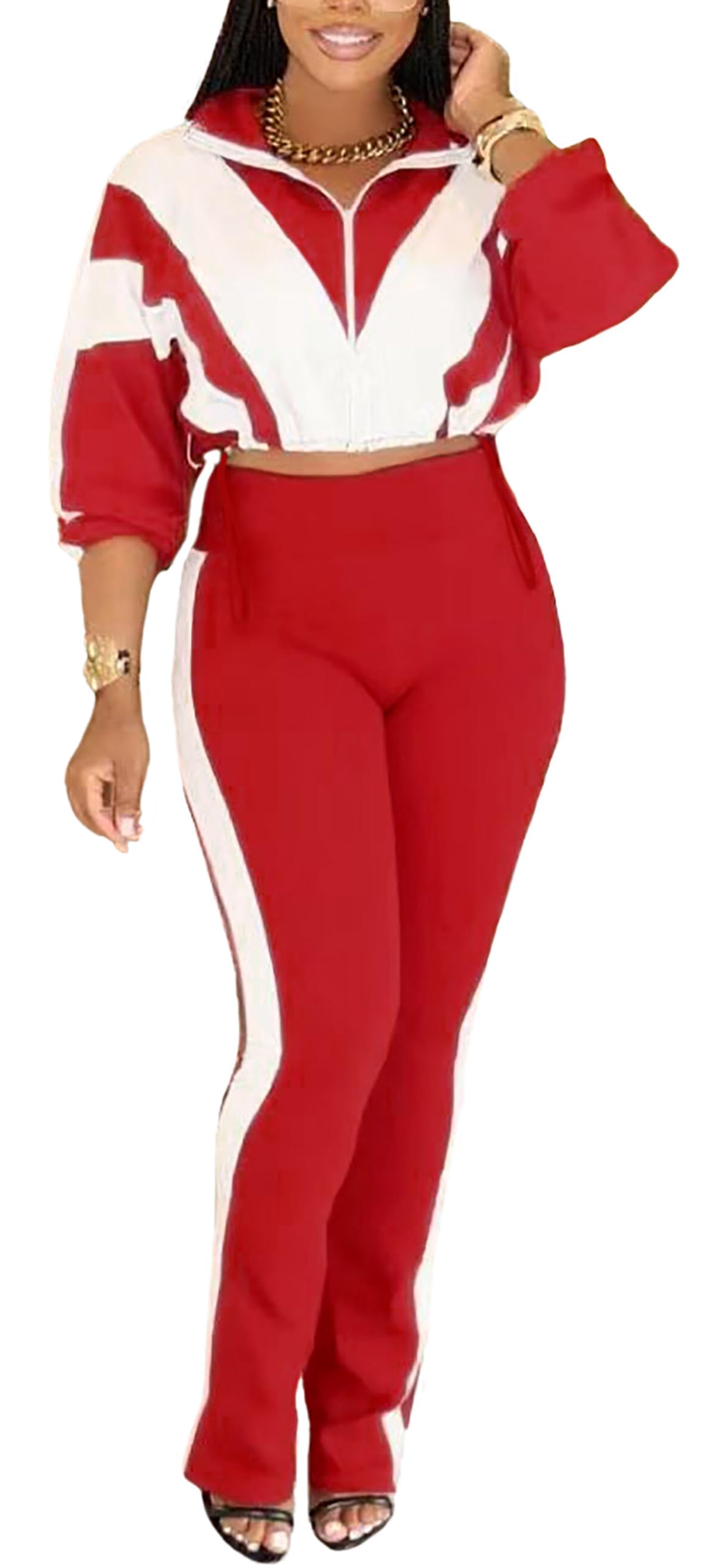 Womens 2 Piece Outfits Sets Casual Jumpsuits Track Suits for Women Set Colorblock Zip Up Cropped Jacket Pants Sweatsuits