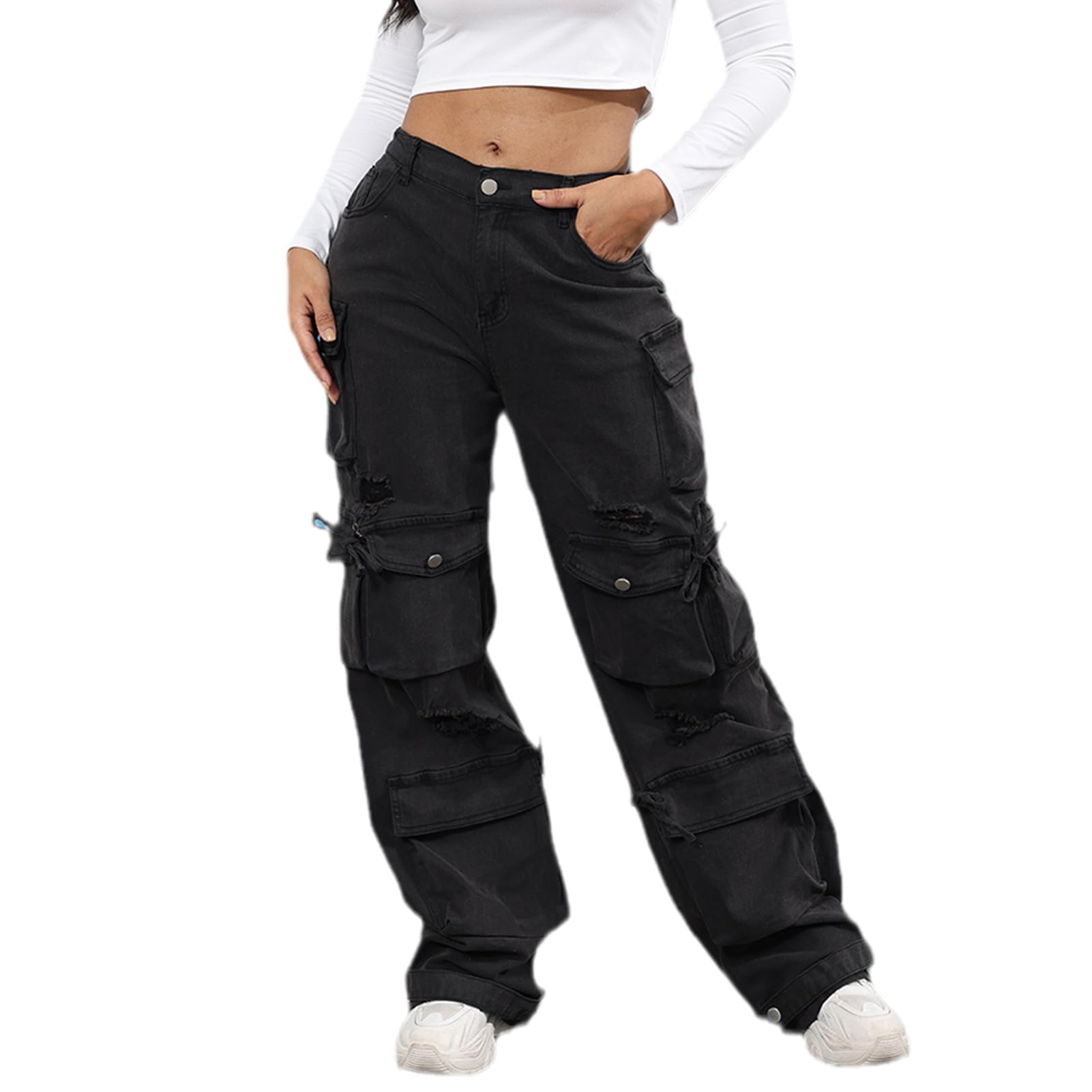 ThusFar Women's High Waist Baggy Jeans Flap Pocket Cargo Pants Loose Denim Pants Streetwear