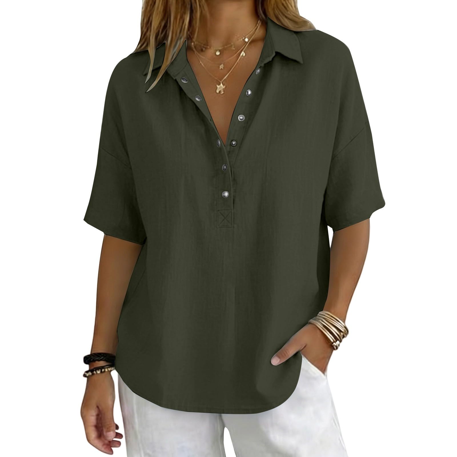 Linen Tops for Women Breathable Gauze Shirts Cotton Button Down Summer Elbow Length Blouses Dressy Casual Clothes