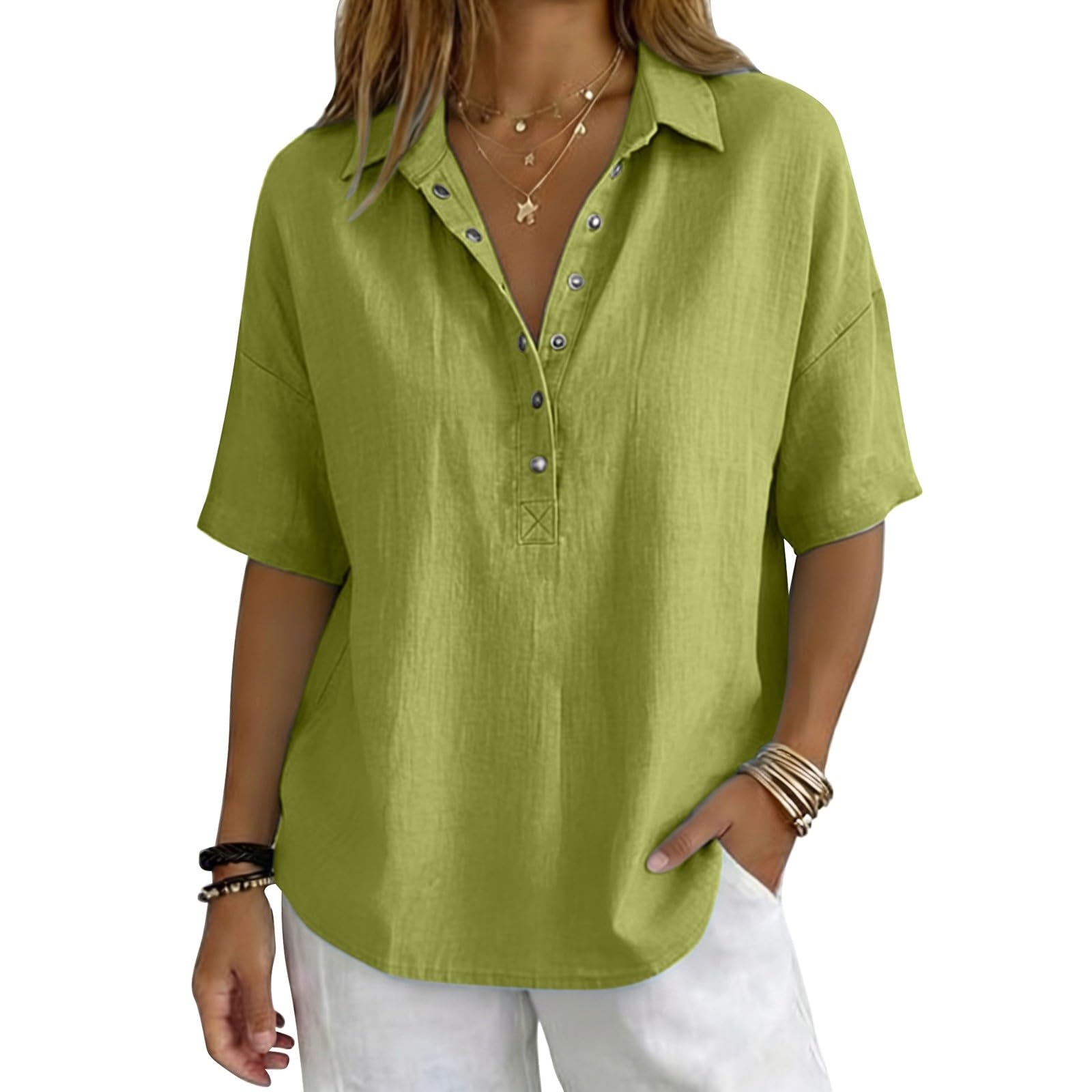 Linen Tops for Women Breathable Gauze Shirts Cotton Button Down Summer Elbow Length Blouses Dressy Casual Clothes