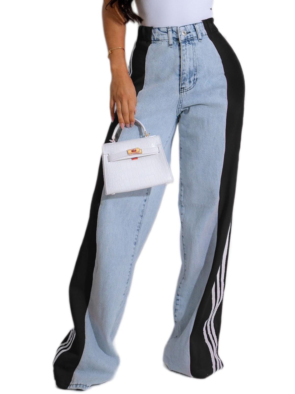 Angsuttc Womens Jeans with Patchwork Stripes High Waisted Stretchy Denim Color Block Straight Wide Leg Trendy Jean