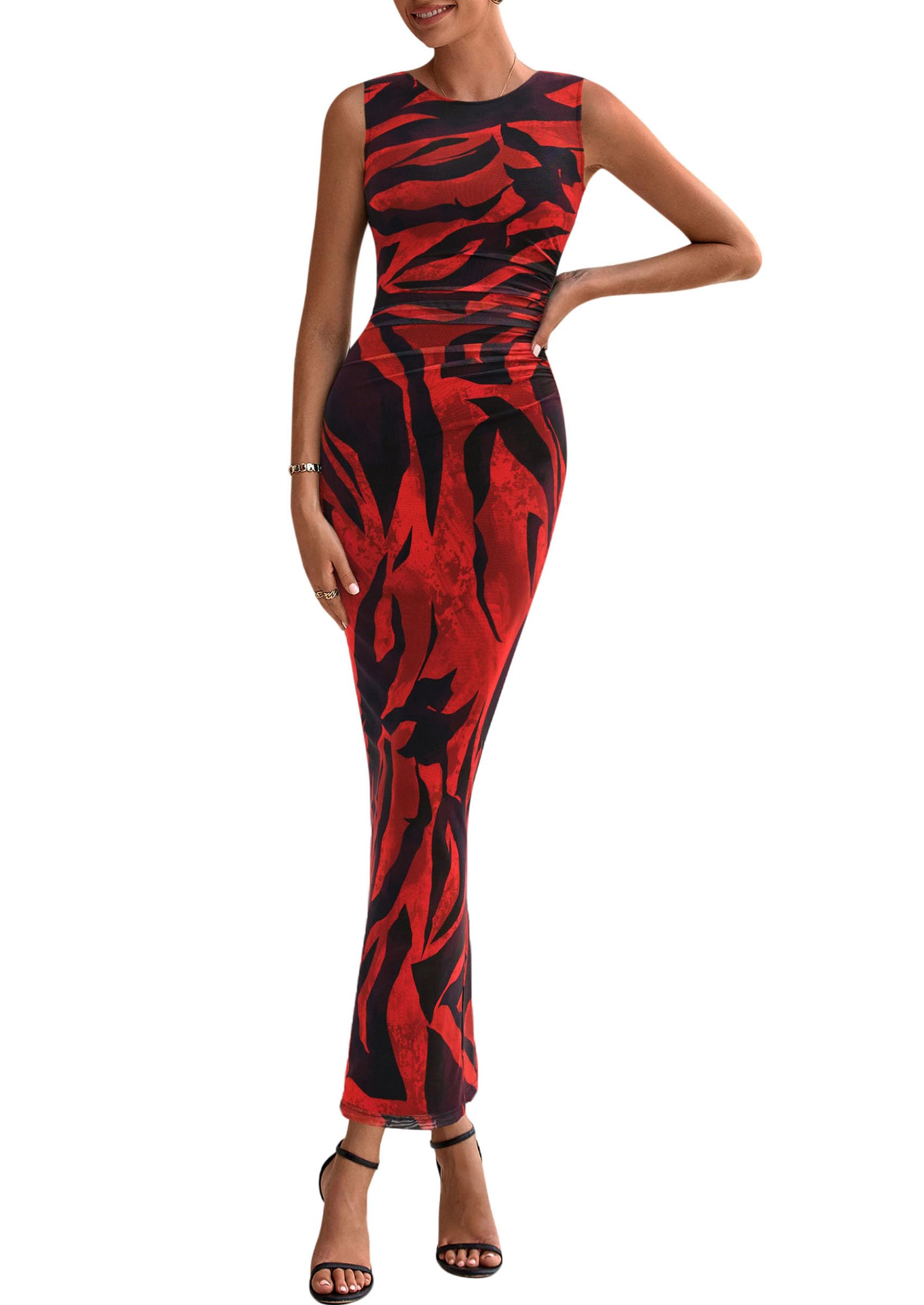 PRETTYGARDEN Womens Summer Wedding Guest Dress 2026 Spring Mesh Sleeveless Bodycon Ruched Floral Holiday Maxi Long Dresses