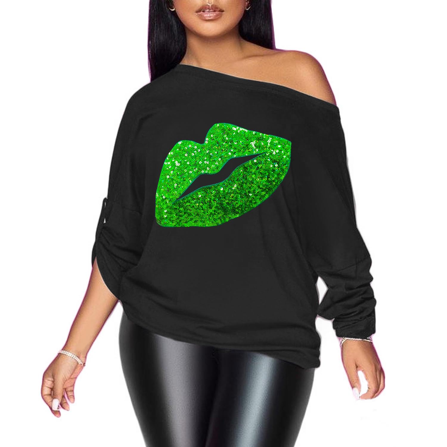 PESION Womens Off The Shoulder Tops Sexy Shiny Metallic Shirts Long Sleeves Fashion Graphic T-Shirts Blouses