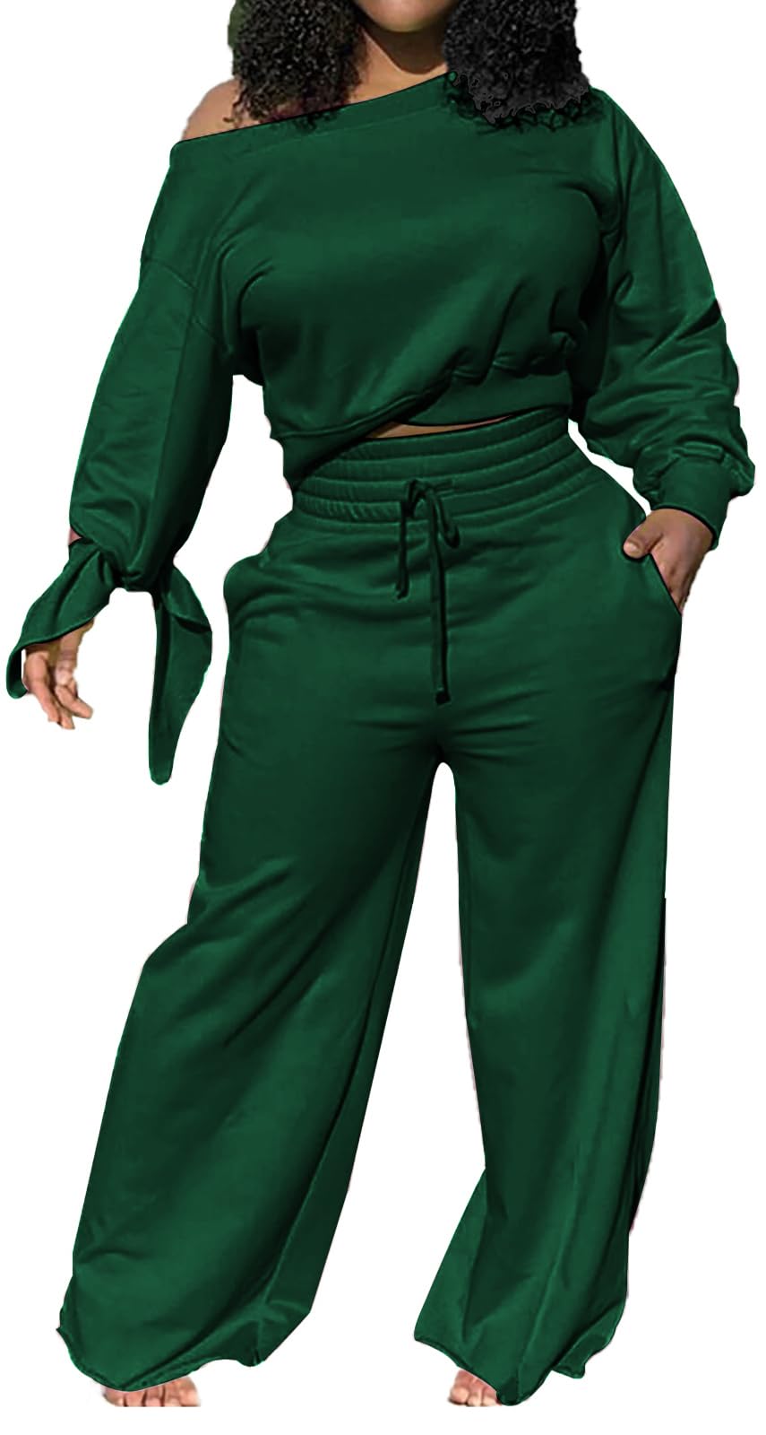 sexycherry Casual 2 Piece Outfits for Women Long Sleeve Sweatsuit Jogging Straight Long Pants Sets with Pockets