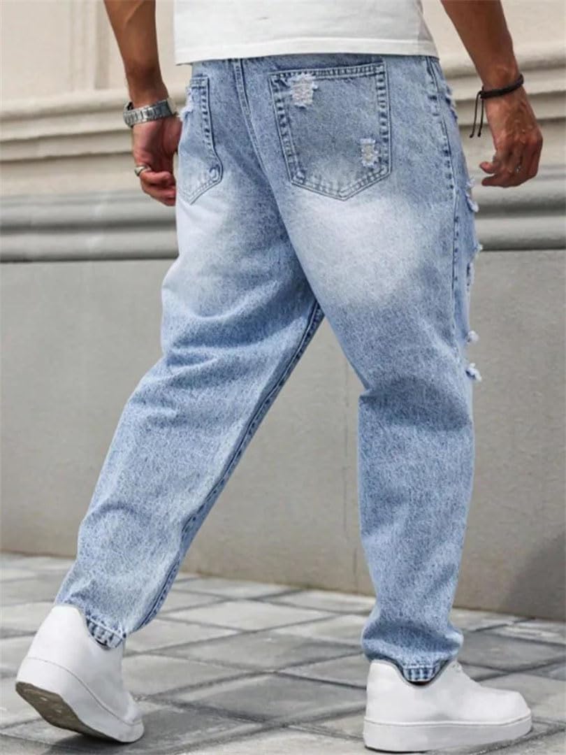 Mens Relaxed Tapered Ripped Jeans Loose Straight Leg Denim Pants