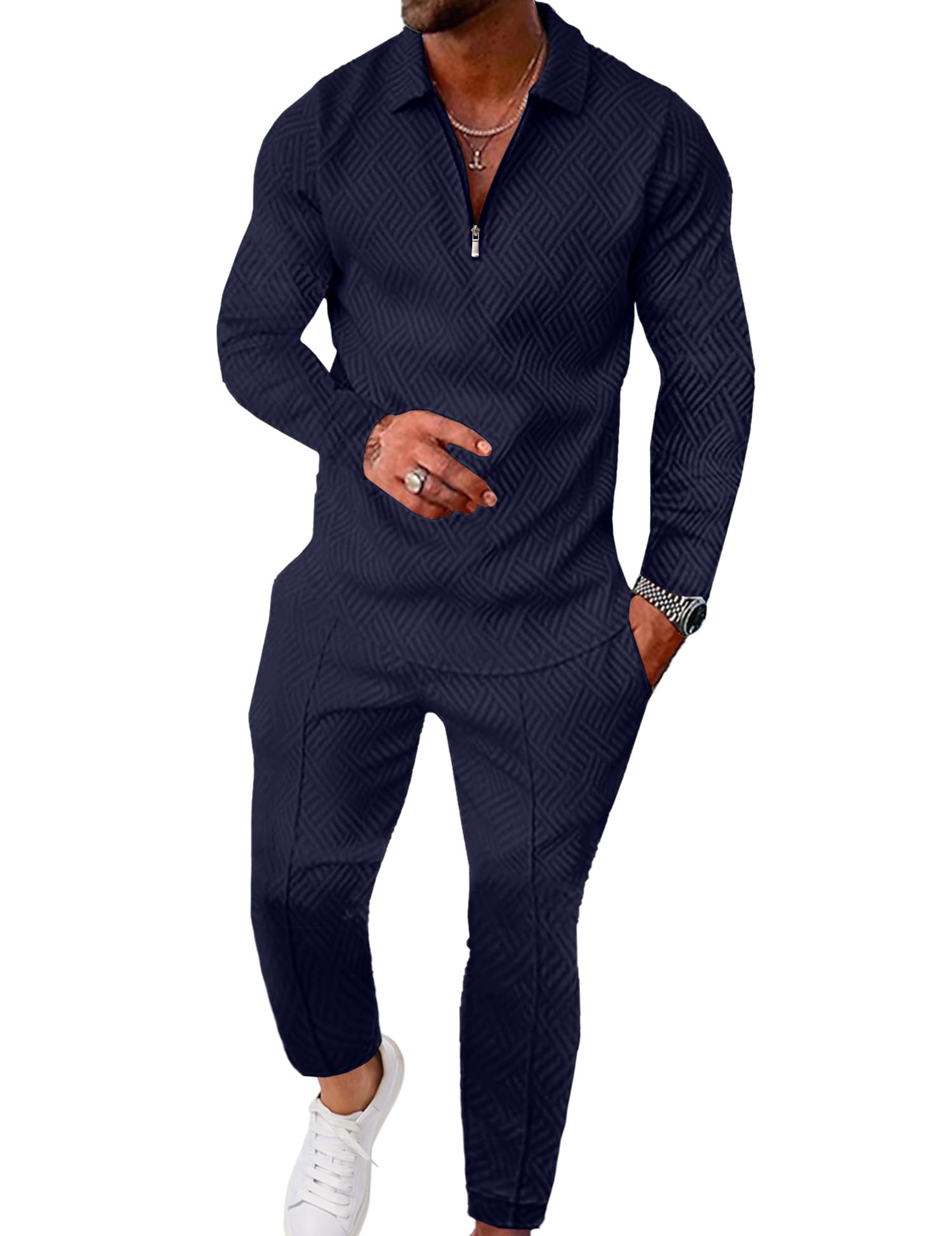 UOUA Mens 2 Piece Set Casual Outfits Polo Long Sleeve Shirt & Pants Tracksuit Loungewear Athletic Jogger Sweatsuit