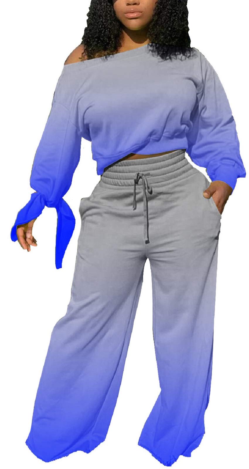 sexycherry Casual 2 Piece Outfits for Women Long Sleeve Sweatsuit Jogging Straight Long Pants Sets with Pockets