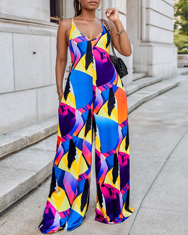Womens Plus Size Abstract Graphic Jumpsuits with Pockets Spaghetti Strap Wide Leg Pants Loose Fit Casual Long Rompers