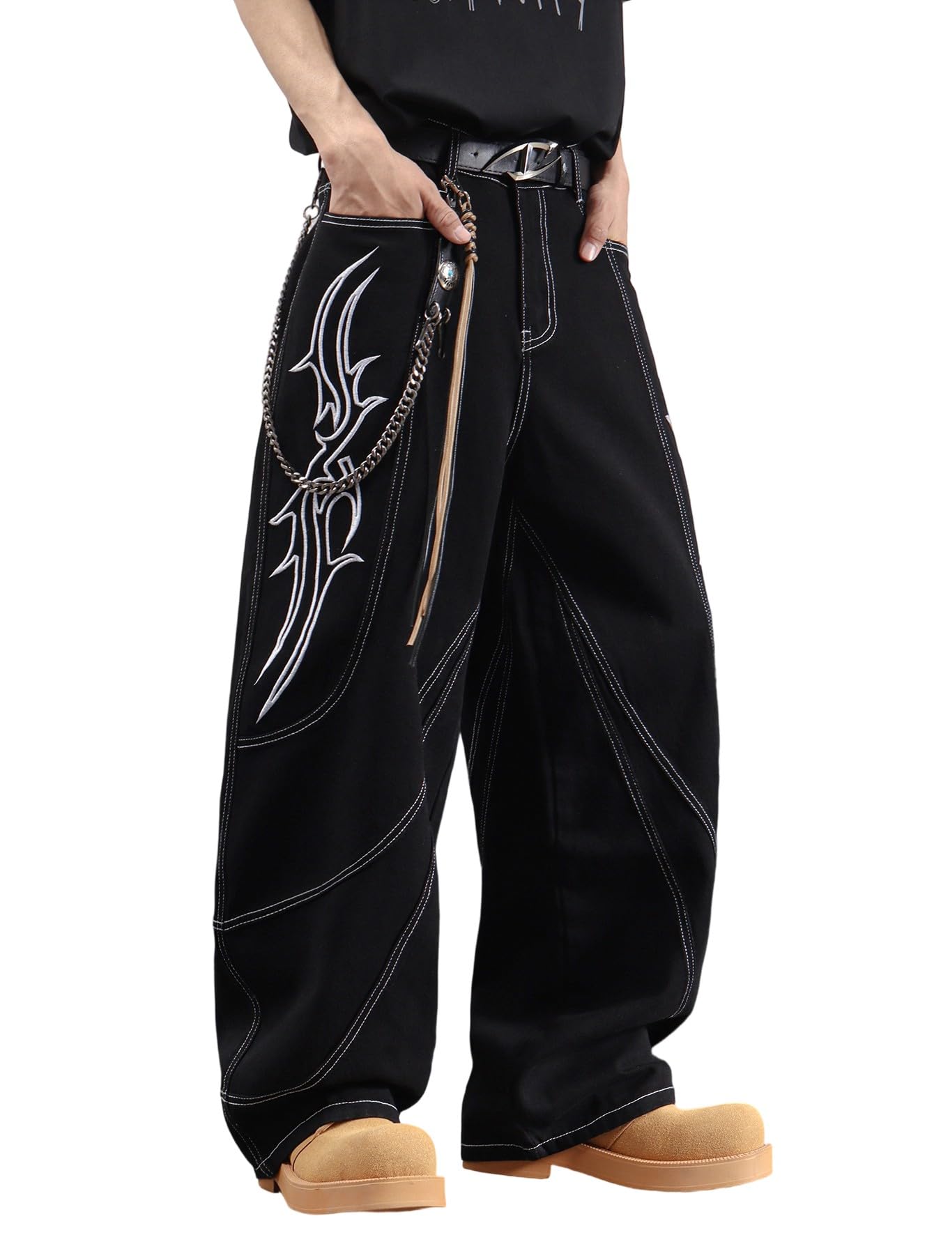 DFGIGT Men's Hip-hop Embroidered Baggy Jeans Loose Fit Denim Black Trousers