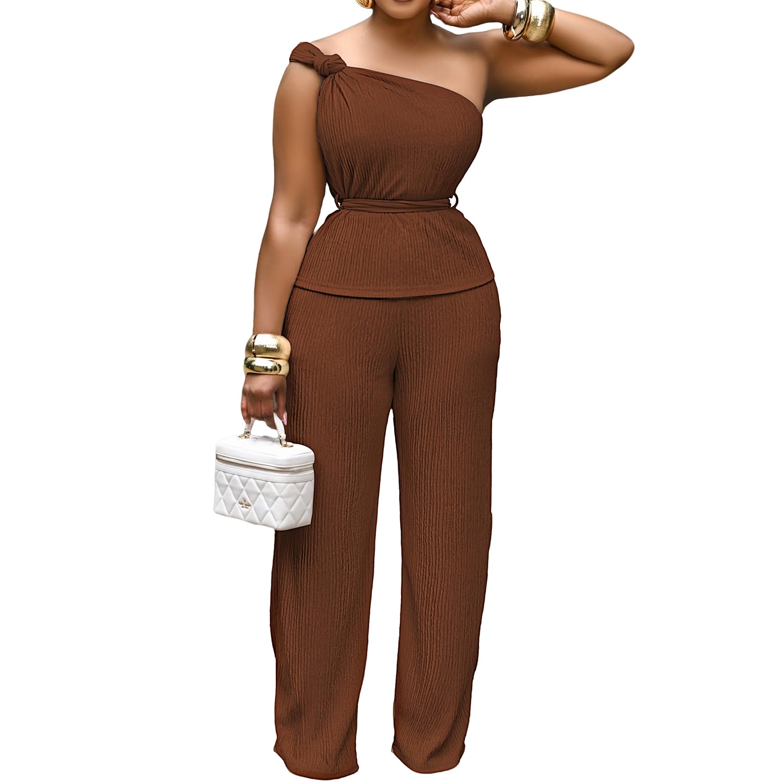 Ophestin 2 Piece Outfits for Women Dressy Summer Sexy Off Shoulder Ruched Wide Leg Pant Loungewear Sets