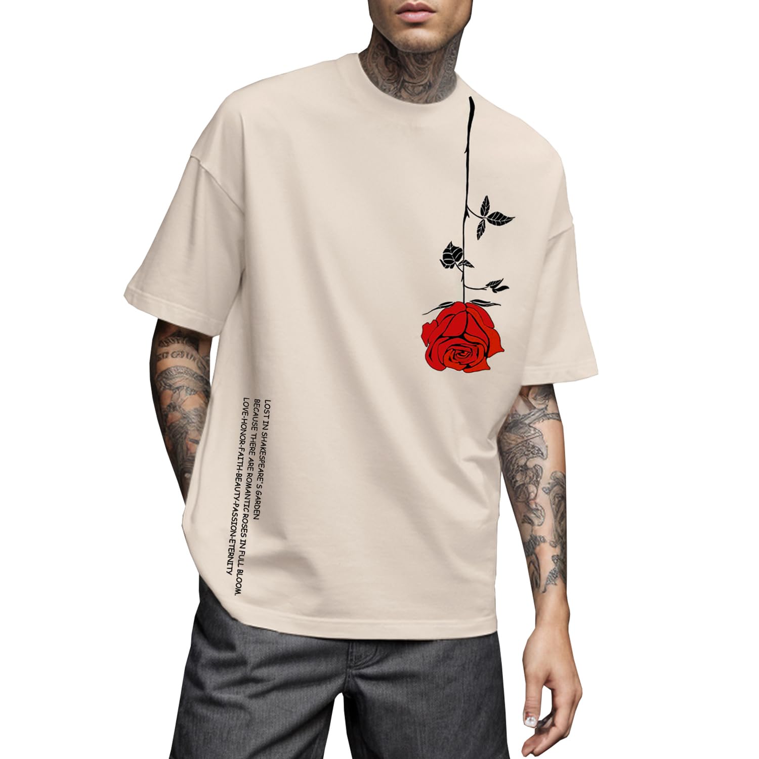 UOUA Mens Graphic Tees Vintage T-Shirts Oversized Letter Print Casual Crewneck Cotton Top Short Sleeve Rapper Streetwear
