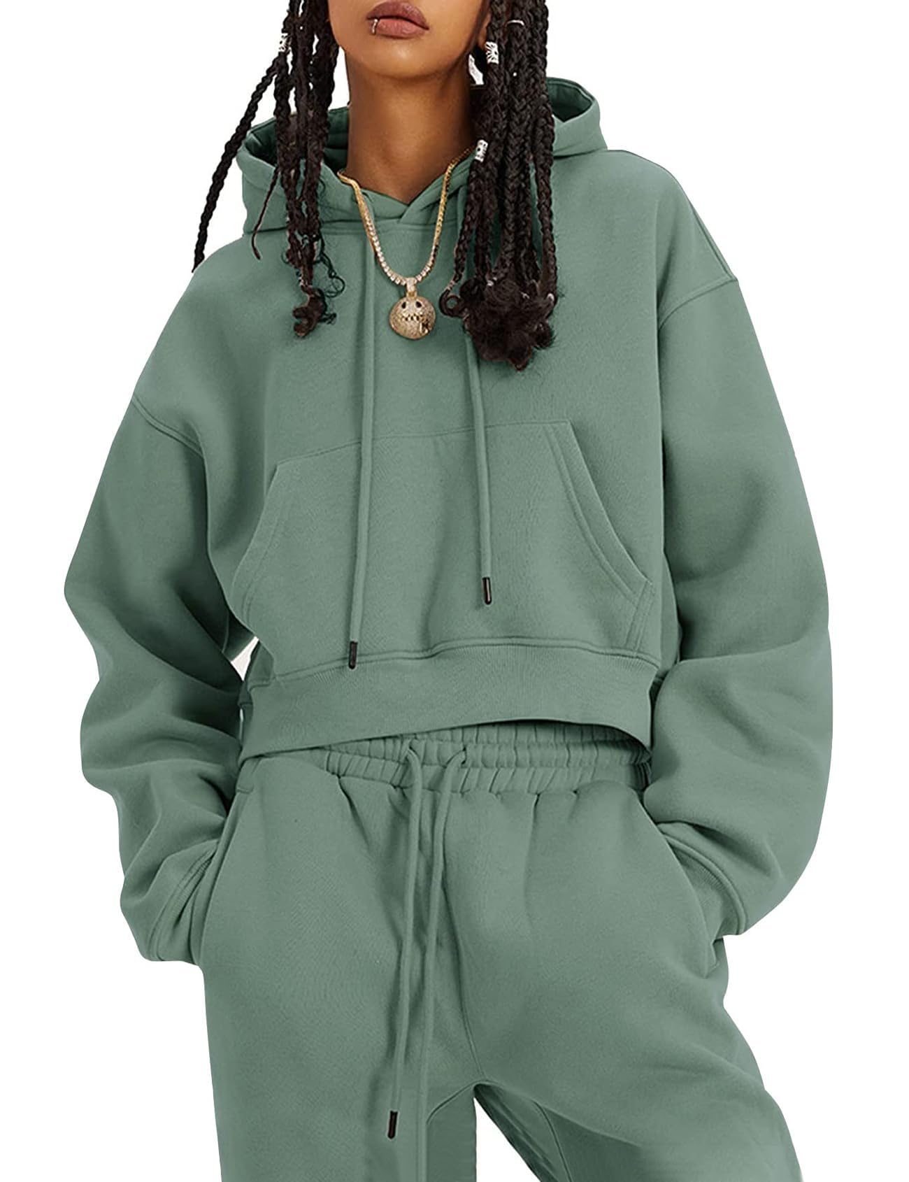Flygo Womens Fleece 2 Piece Outfits Sweatsuit Crop Pullover Sweatshirt Joggers Pants Tracksuit Set
