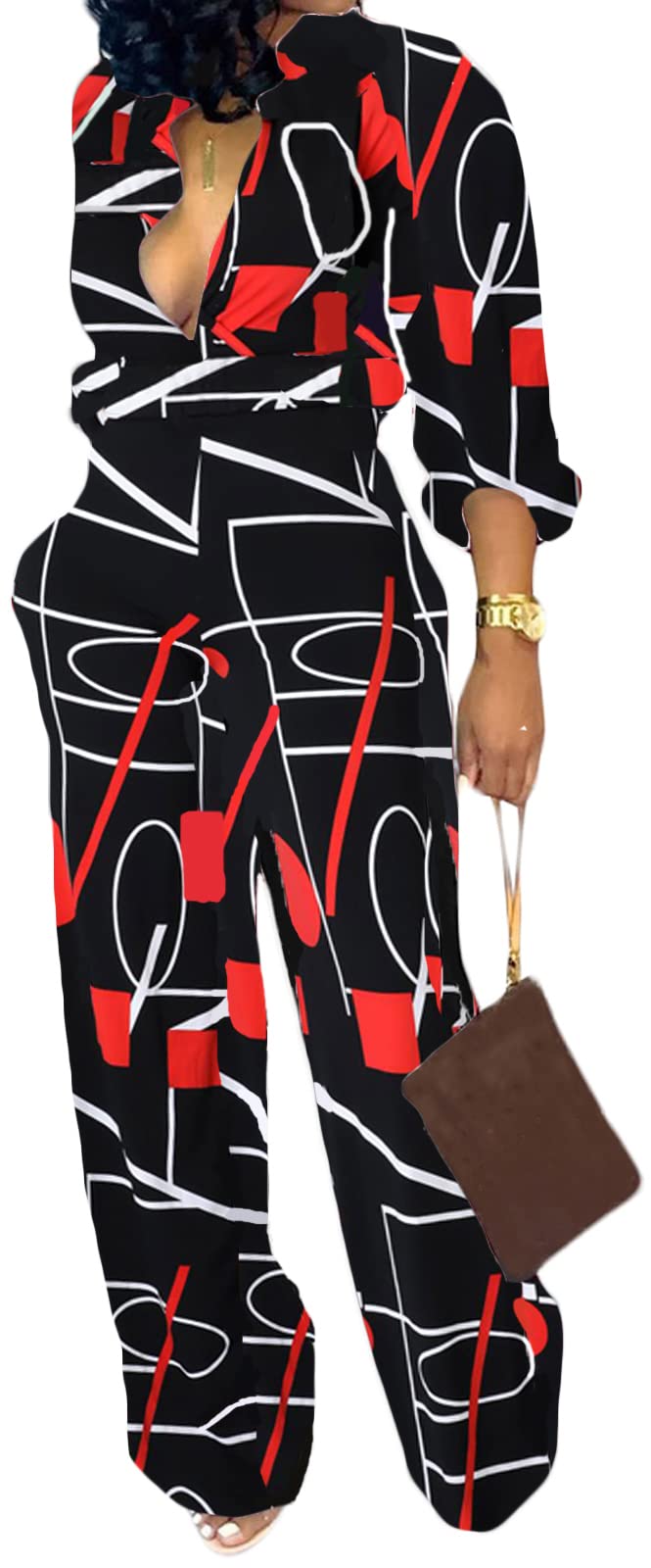 SeNight Women's Jumpsuits Elegant Business Casual Button Down V Neck Long Sleeve Strap Straight Long Pants With Pockets