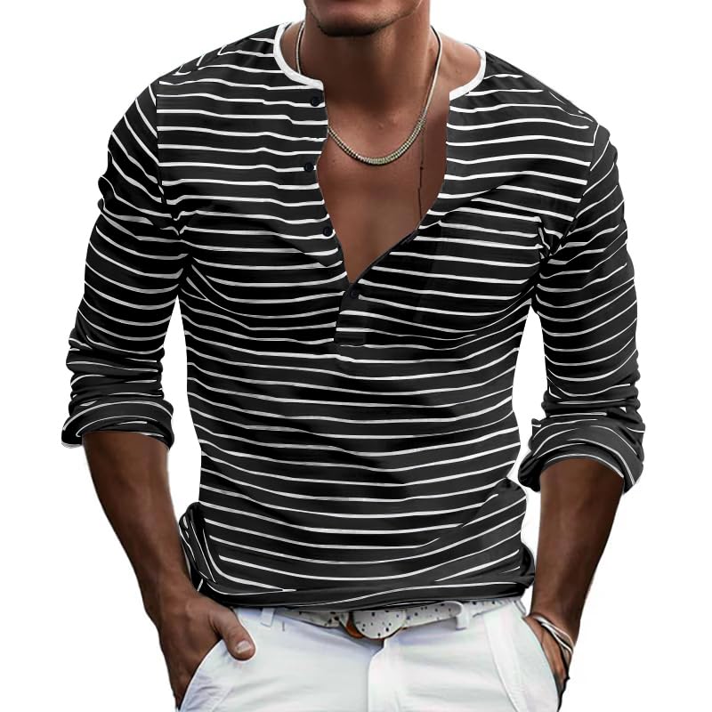 Men's Striped Button Down Shirt Long Sleeve Crewneck Shirts Casual Basic Pullover Fall Winter Tops for Men