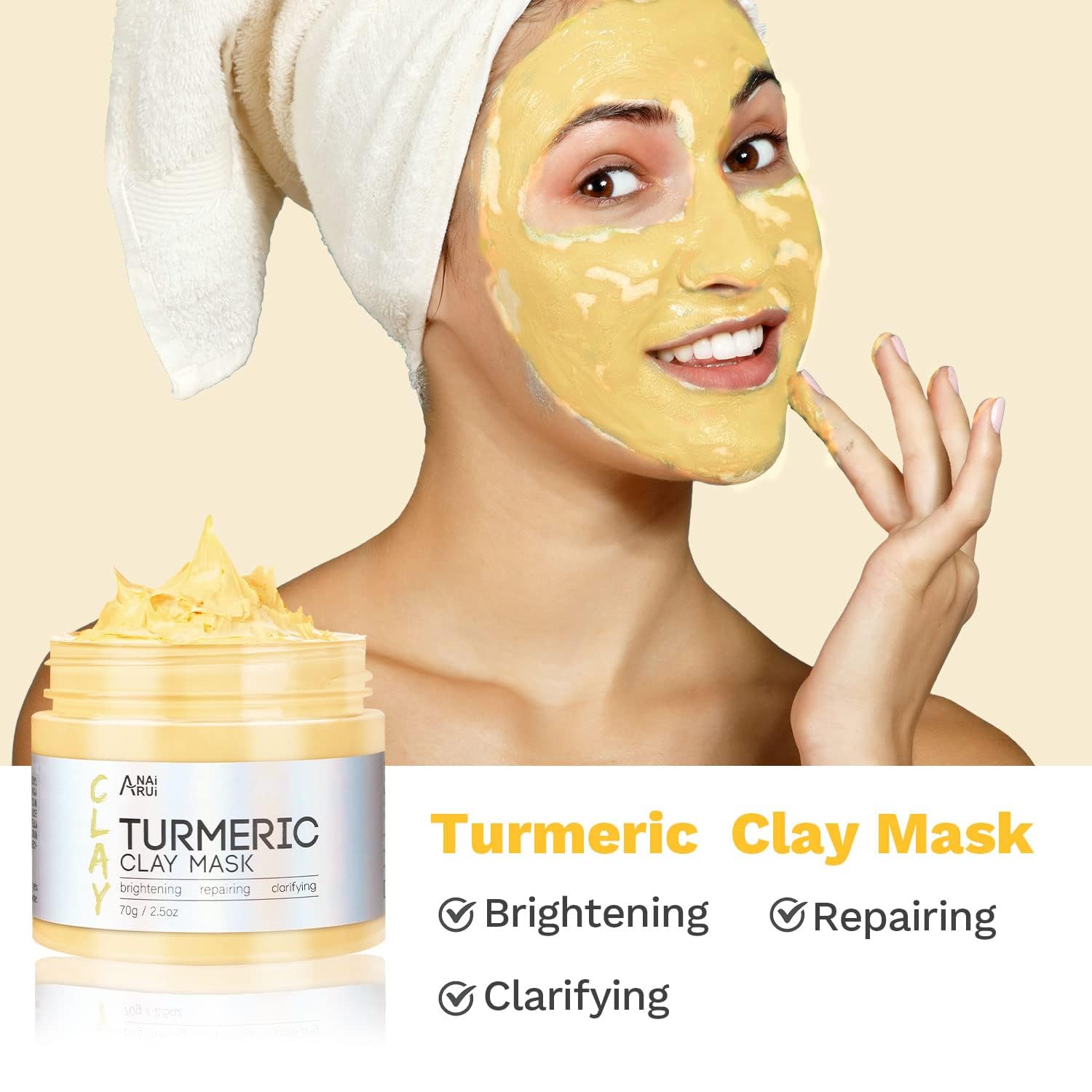 ANAI RUI 3Pcs Face Mask Set, Turmeric Clay Mask - Green Tea Face Mask - Dead Sea Minerals Mud Mask,Self Care Gifts for Women 2.5 oz each