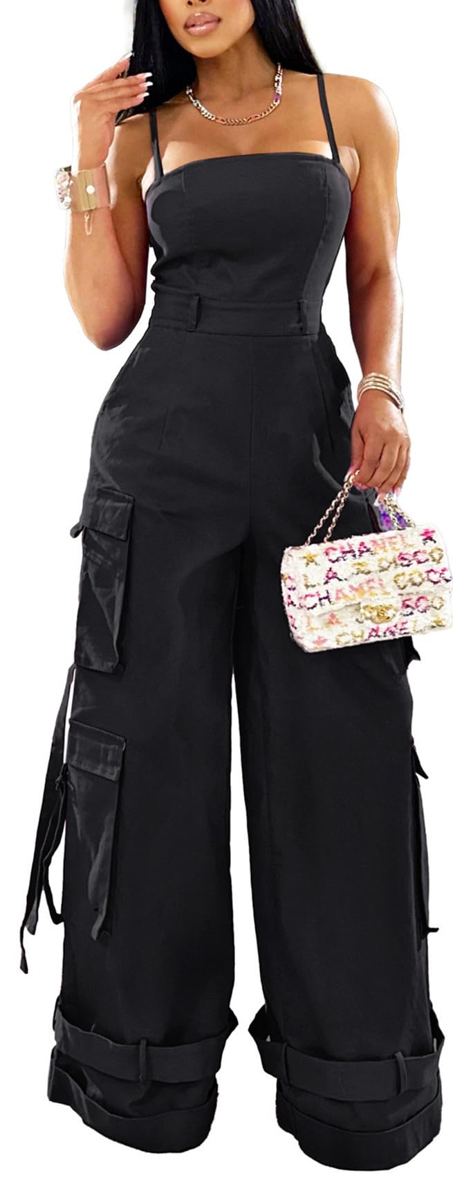 BOKITECAO Womens Cargo Jumpsuit Sexy One Piece Outfit Wide Leg Romper Multi Pockets Overalls