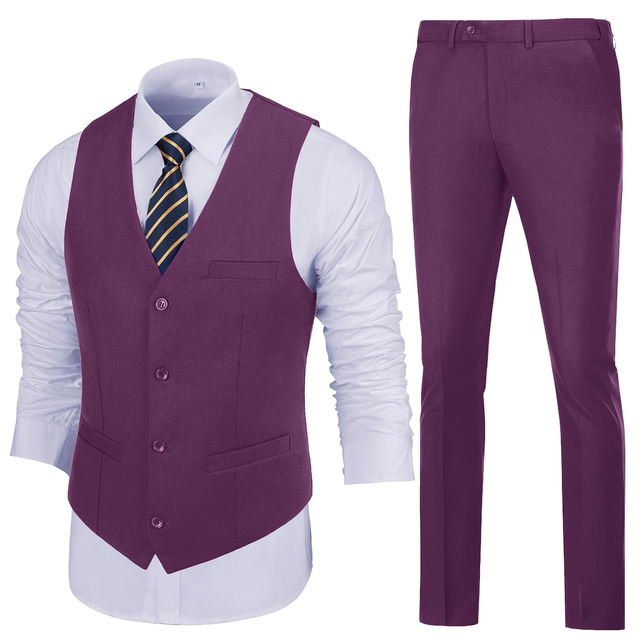 Mens Slim Fit 2 Piece Suit Set V-Neck Solid Dress Suit Vest Pants Wedding Prom Tuxedo for Men