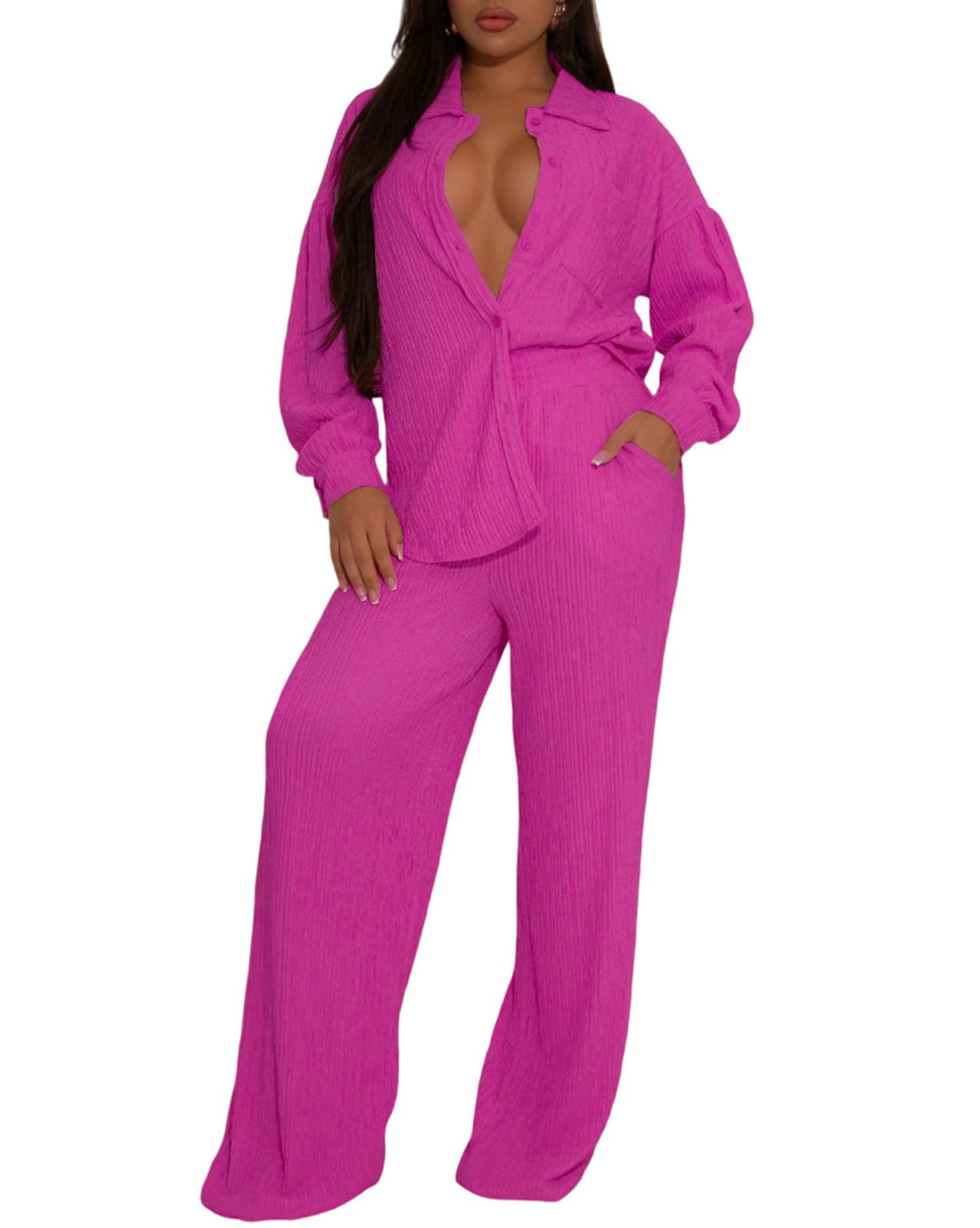Ophestin Women 2 Piece Dressy Outfits Casual Pleated Long Sleeve Button Down Shirt Wide Leg Pants Loungewear Matching Sets