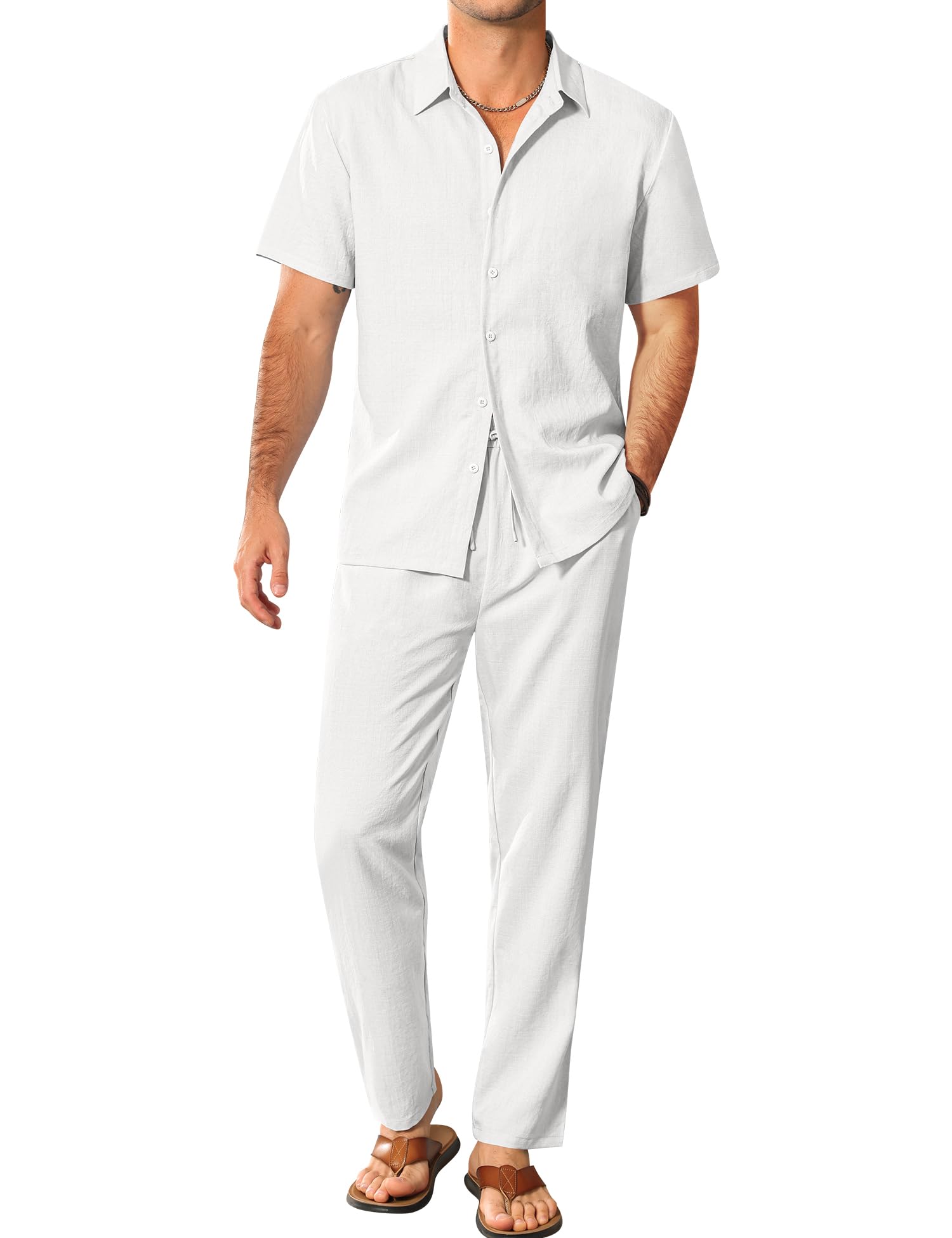 LecGee Mens 2 Piece Texture Outfit Casual Short Sleeve Button Down Shirt and Long Pants Linen Vacation Beach Sets
