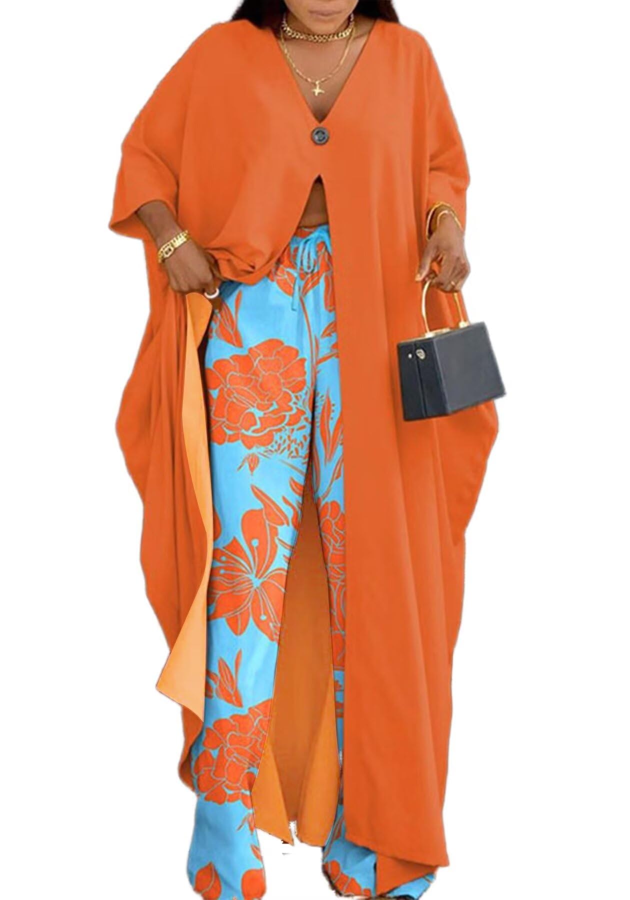 LROSEY Spring African 2 Piece Outfits Caftans for Women Floral V Neck Long Cardigan Cover Up Wide Leg Pants Sets Plus Size
