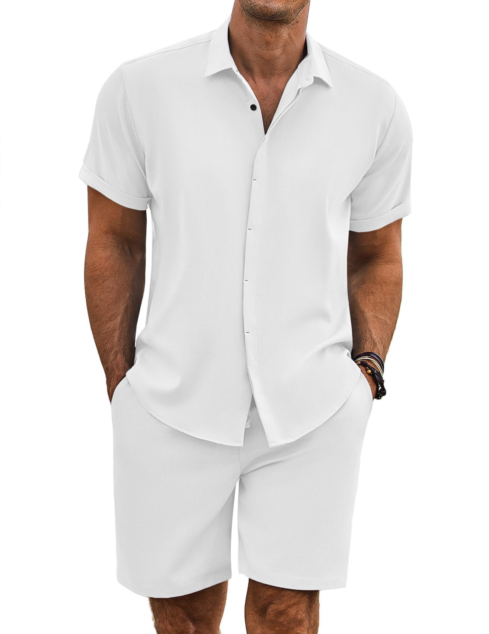 COOFANDY Men's Summer Beach Outfits 2 Piece Short Sleeve Shirts and Shorts Vacation Texture Linen Sets for Men