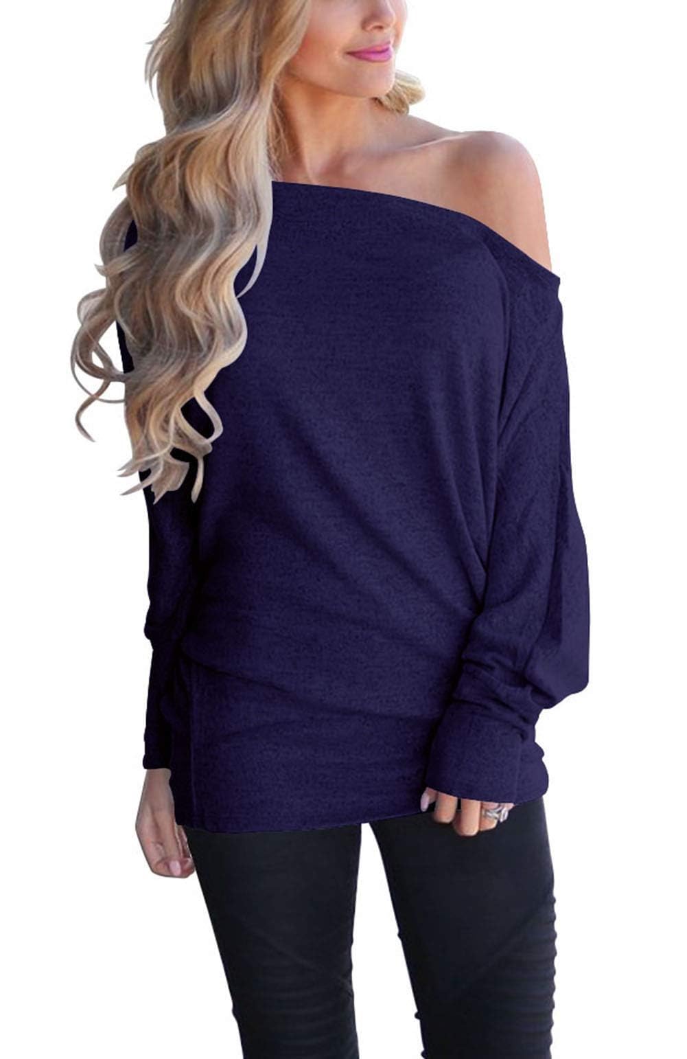 Lacozy Women's Off Shoulder Long Sleeve Oversized Pullover Sweater Knit Jumper Loose Tunic Tops