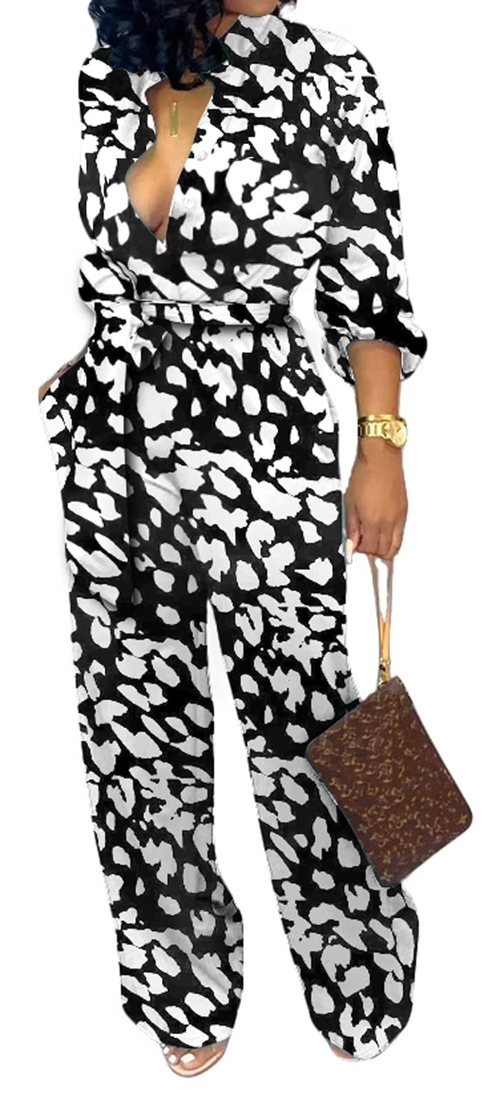 SxClub Jumpsuits for Women Formal Sexy Elegant Long Straight Pants Busineess Party Jumpsuit with Belt Pockets