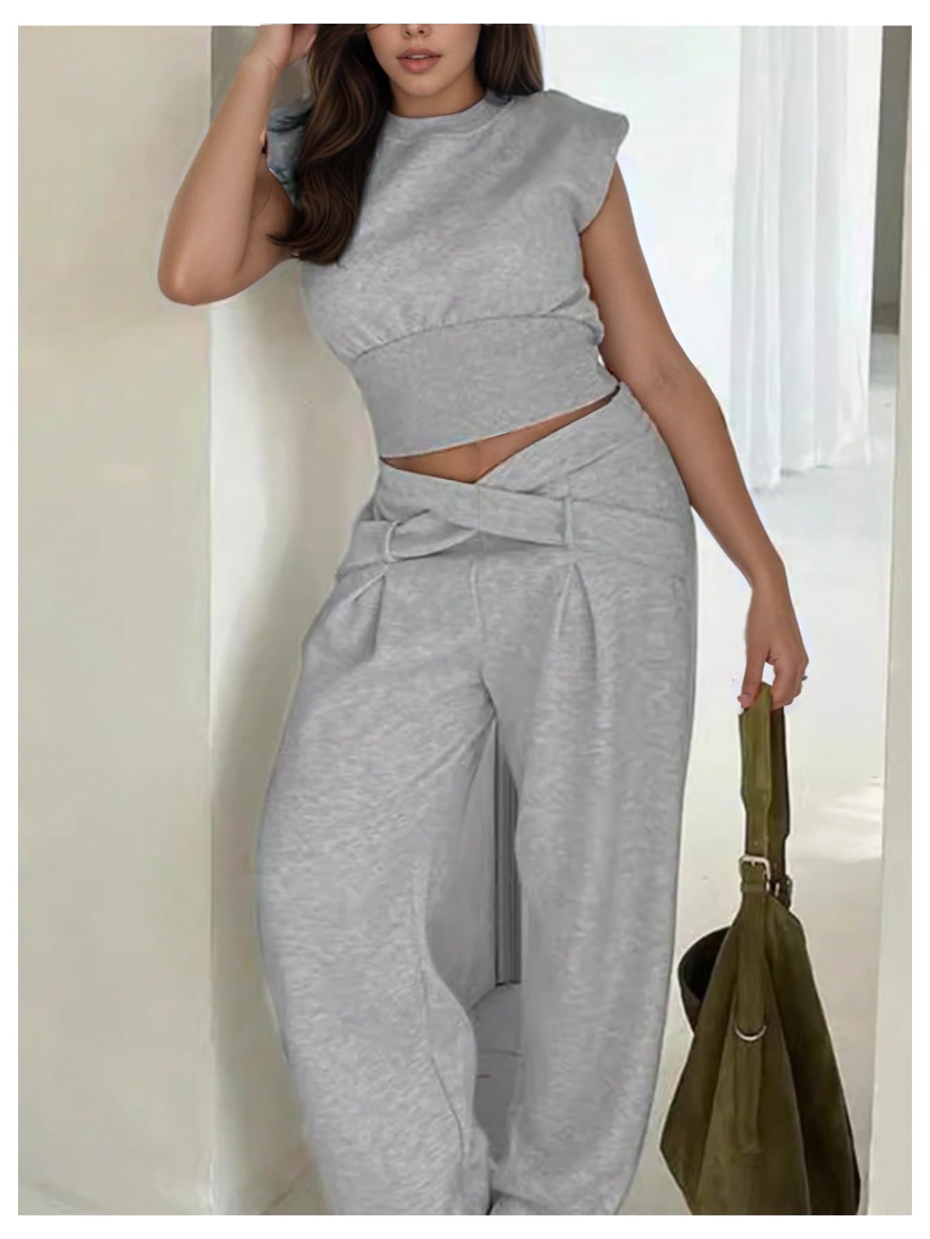 SweatyRocks Women's 2 Piece Outfits Dolman Sleeve Fitted Crop Top and Crisscross Pants Set