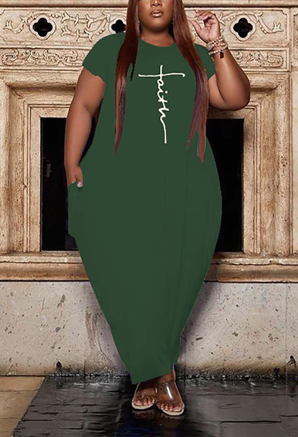 AIIYYQB Women's Summer Plus Size Short Sleeved Long Dress Casual Loose Faith Beach Maxi Dress with Pockets