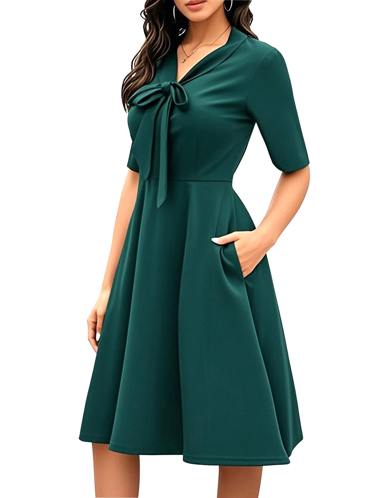 oxiuly Women's Vintage Bow Tie V-Neck Pockets Casual Work Party Cocktail Swing A-line Dresses OX278