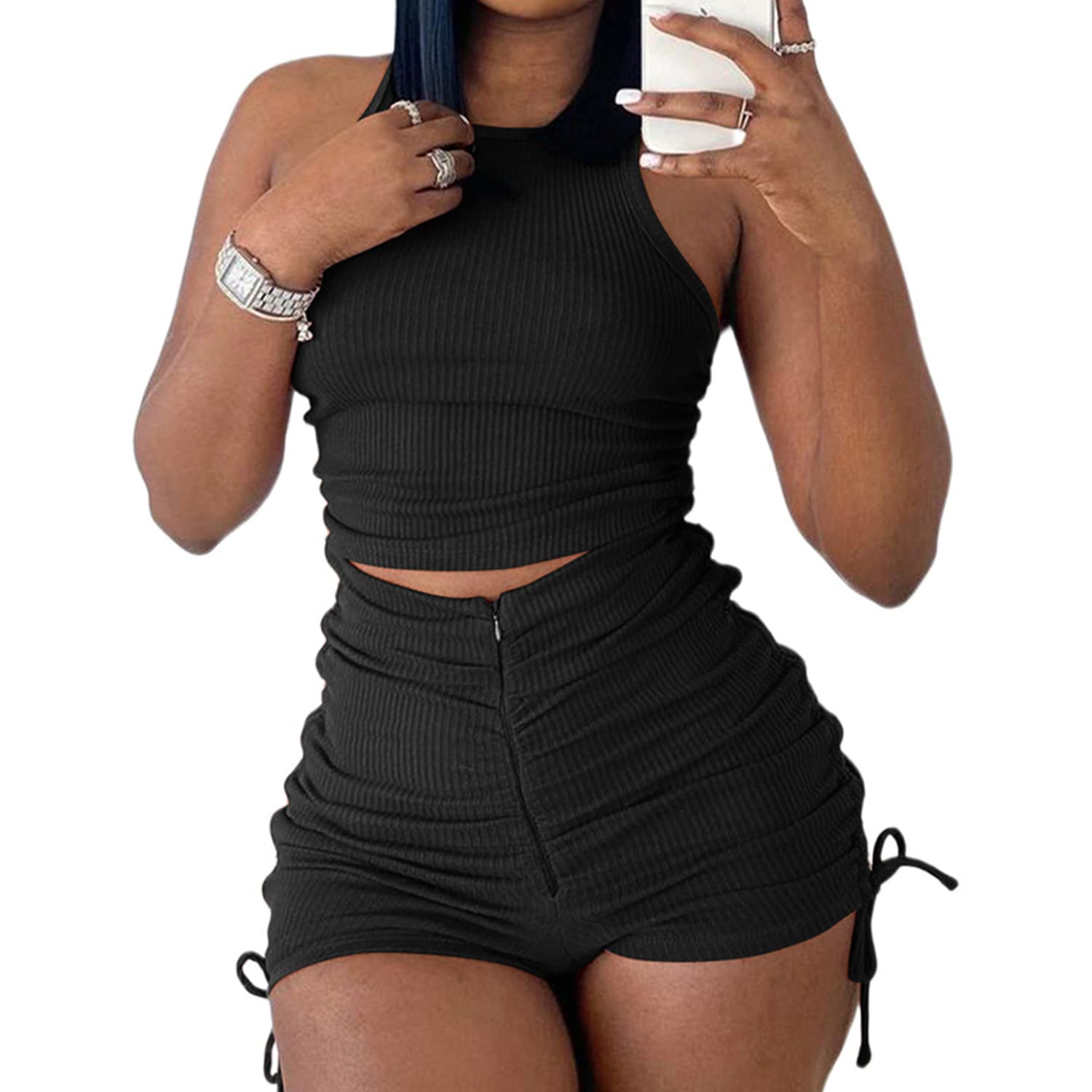 PYAEAS Summer Two Piece Outfits for Women, Casual Stretchy Ribbed Tank Crop Top Ruched Shorts Set Workout Tracksuits