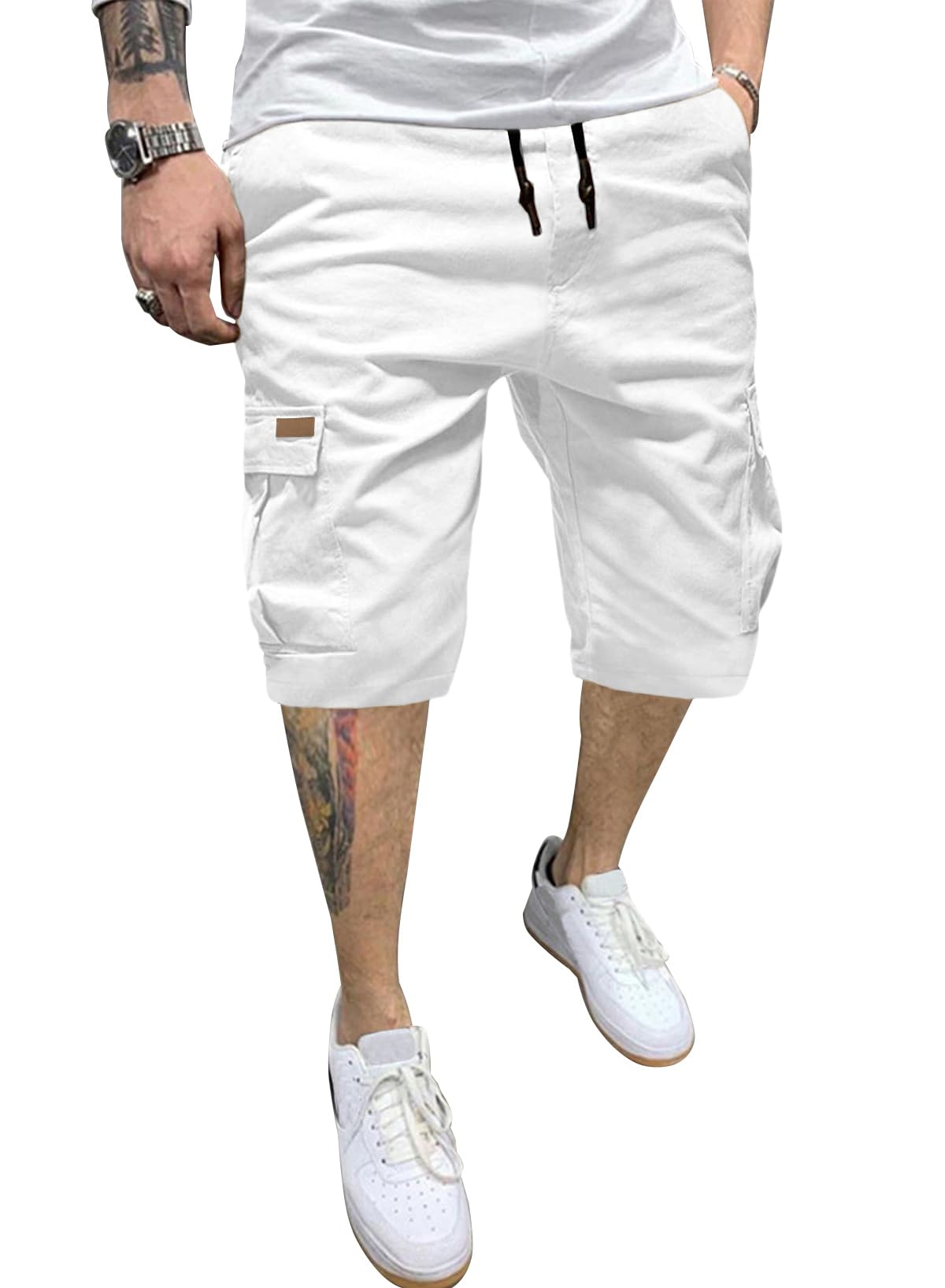JMIERR Mens Casual Cotton Twill Cargo Shorts Drawstring Classic Chino Stretch Short with 6 Pockets