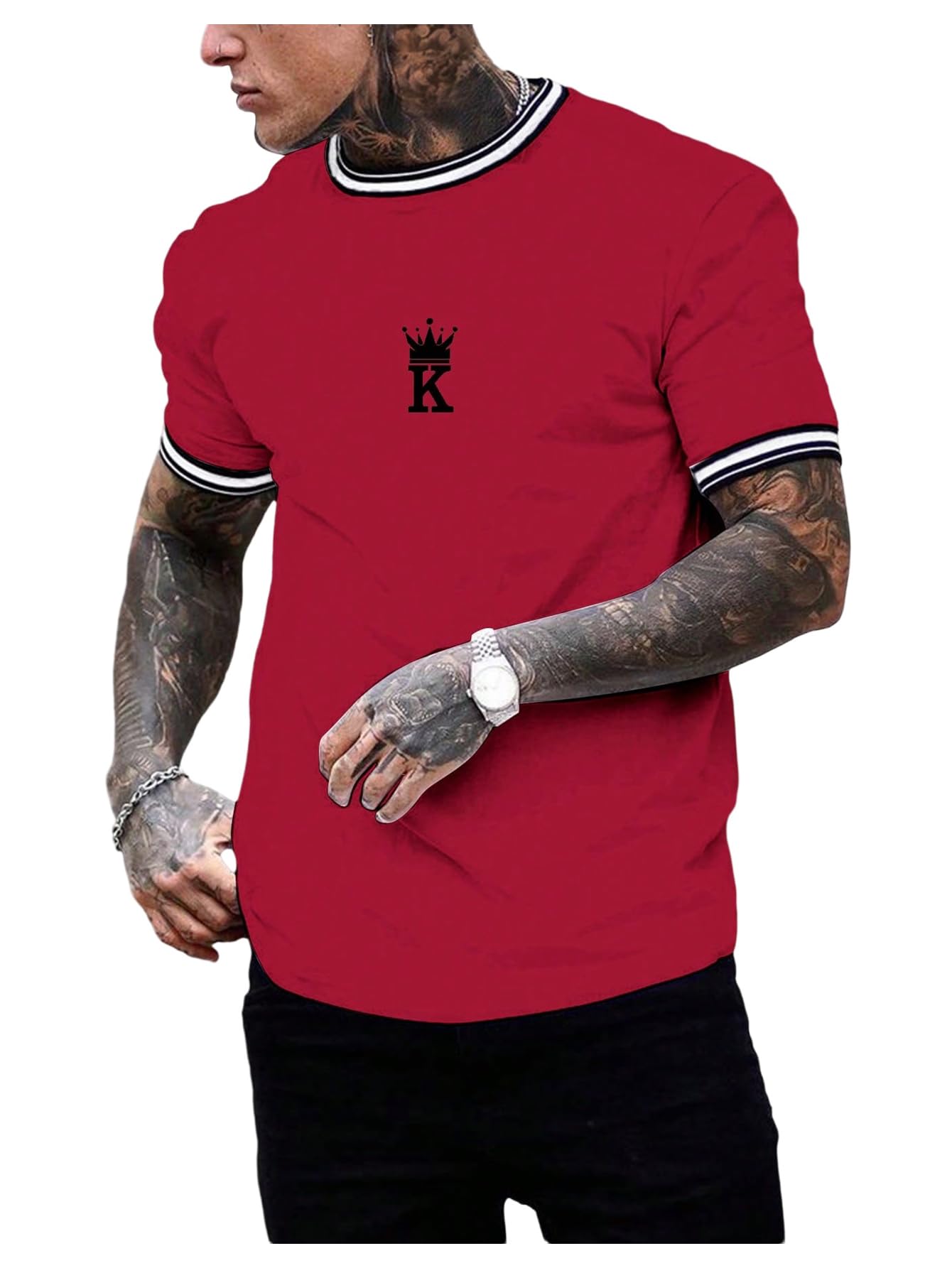 SOLY HUX Men's Crown Letter Print Striped Trim Tee Tops Short Sleeve Crew Neck Summer T Shirt