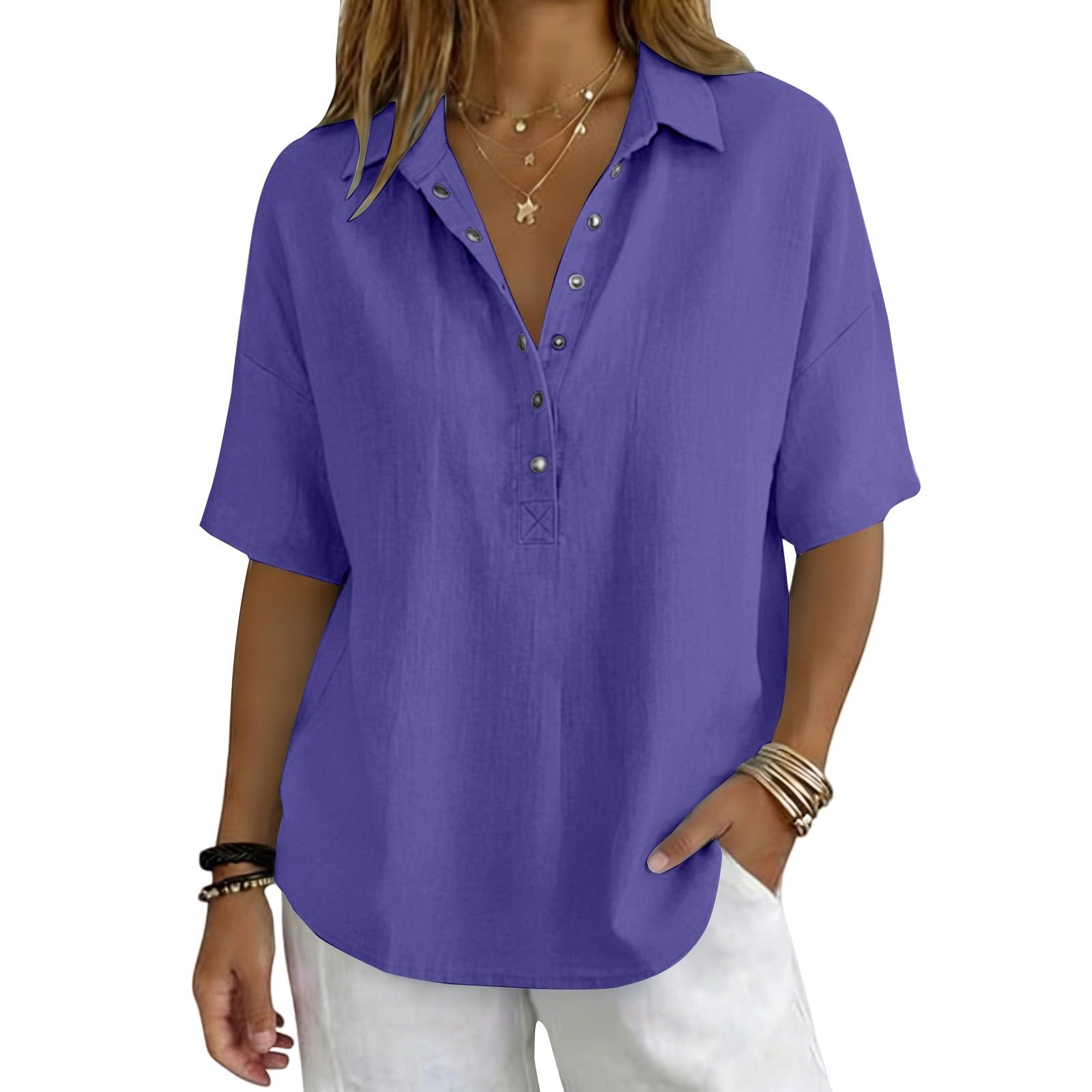 Linen Tops for Women Breathable Gauze Shirts Cotton Button Down Summer Elbow Length Blouses Dressy Casual Clothes