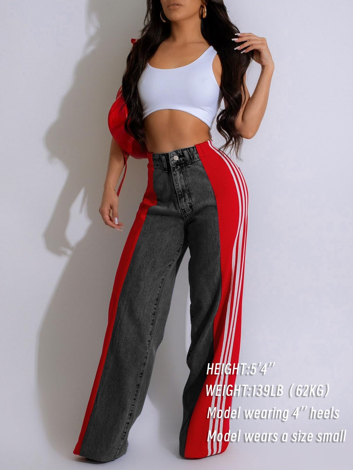 knowfashionstyle Womens Jeans High Waisted Wide Leg Patchwork Stripes Stretchy Jean Color Block Straight Trendy Demin Pants