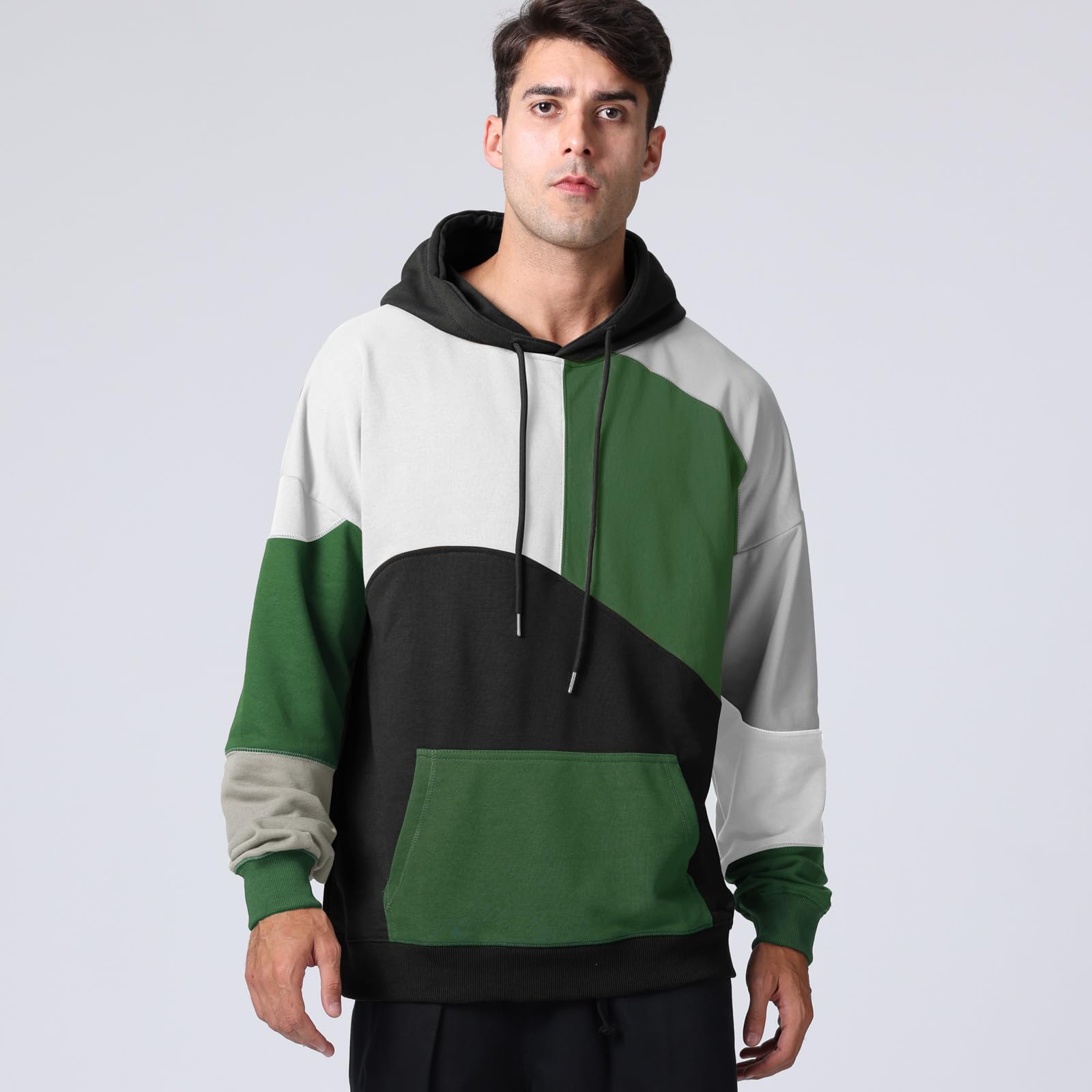 Covisoty Mens Casual Cotton Hoodies Contrast Color Pullover Mens Patchwork Hooded Sweatshirt Casual Long Sleeve