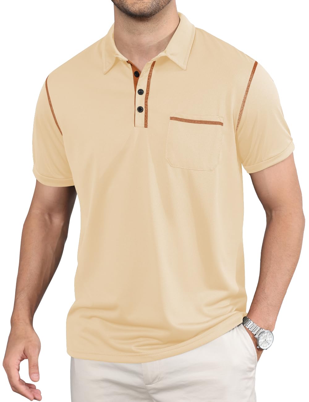 QOSOQ Men's Polo Shirts Short Sleeve Golf Polo T Shirt Lightweight Casual Button Down Shirts Summer Collared with Pocket