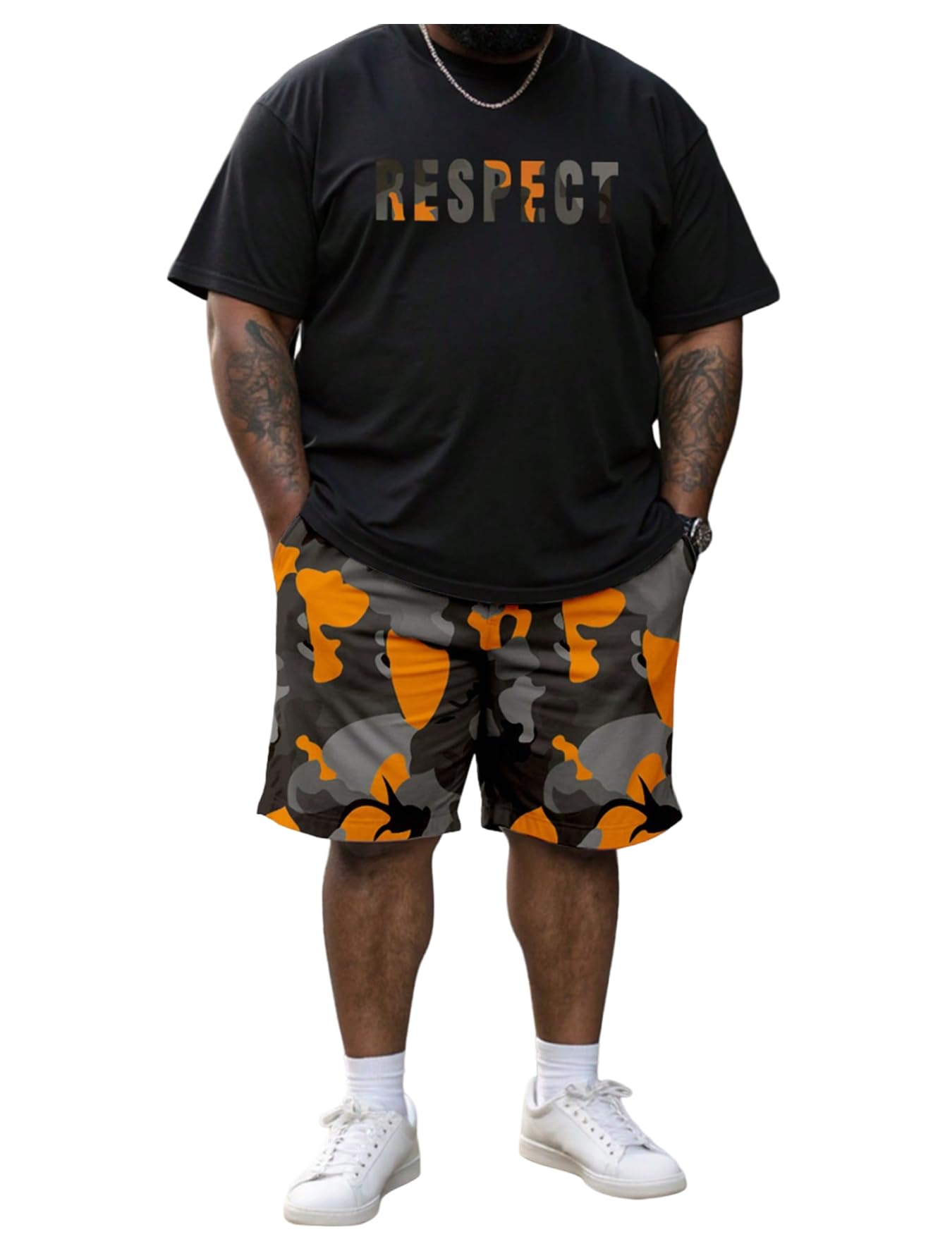 WDIRARA Men's Big and Tall 2 Piece Outfits Letter Camo Print Short Sleeve Tracksuit Track Shorts Set