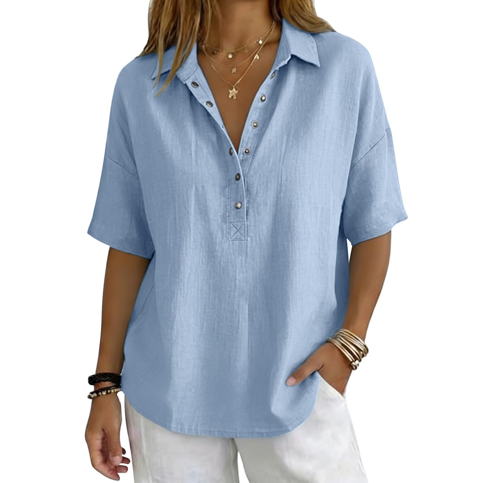 Linen Tops for Women Breathable Gauze Shirts Cotton Button Down Summer Elbow Length Blouses Dressy Casual Clothes