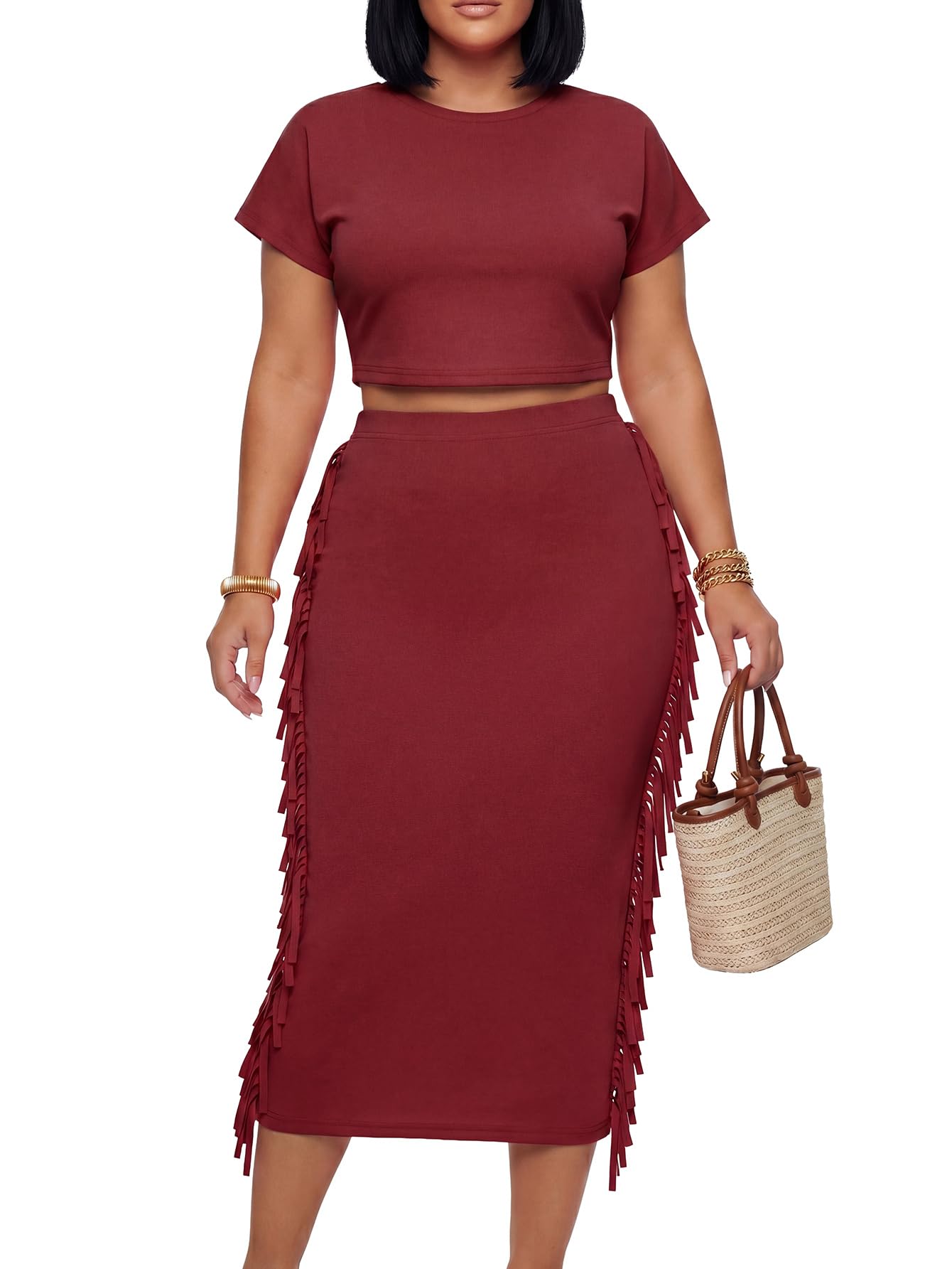 LYANER Women's 2 Piece Outfits Crew Neck Fringe Short Sleeve Crop Top and Tassel Trim Bodycon Midi Skirt Set
