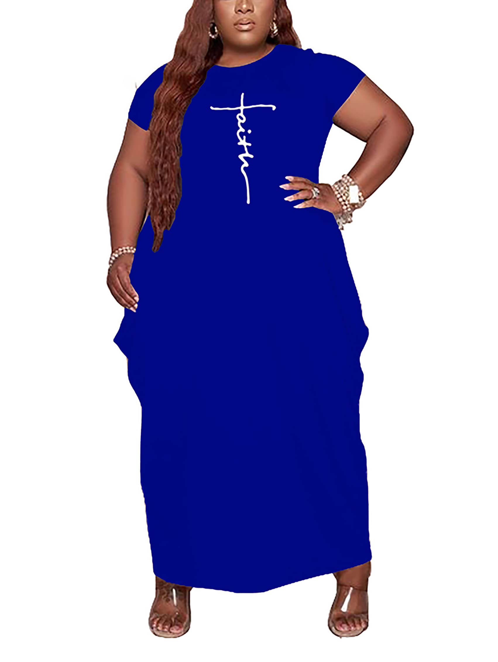 AIIYYQB Women's Summer Plus Size Short Sleeved Long Dress Casual Loose Faith Beach Maxi Dress with Pockets